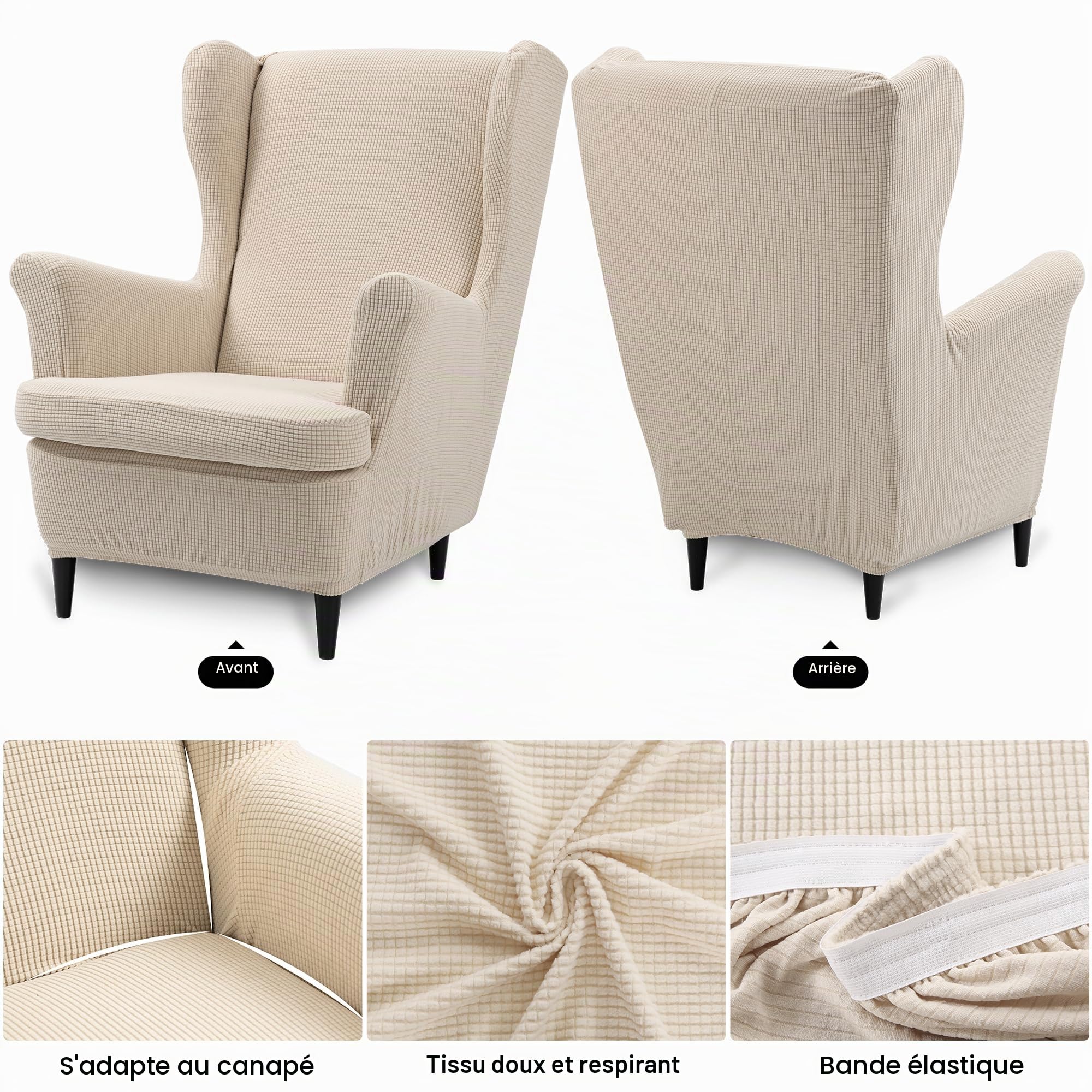TIANSHU Housse de Chaise à Oreilles, Housse Fauteuil Antidérapante Tissu Jacquard Spandex avec Fond Élastique Protecteur de Meubles Lavable pour Salon Chambre d'Hôtel(Type B, Beige)
