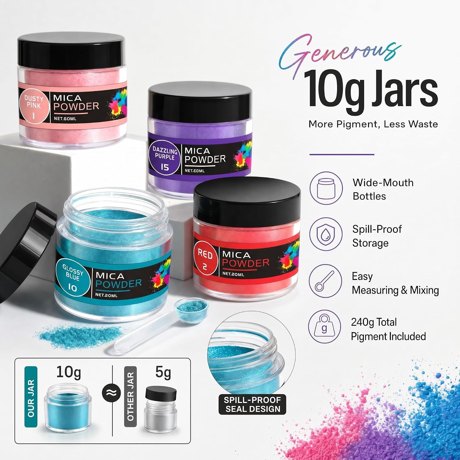 Premium Mica Powder Set, 24 Vivid Pearlescent Pigment Jars (10g Each), Cosmetic Grade Colorant for Epoxy Resin, Soap Making, Lip Gloss, Nail Art, Slime & Candle Decor – Deluxe Artist Pack