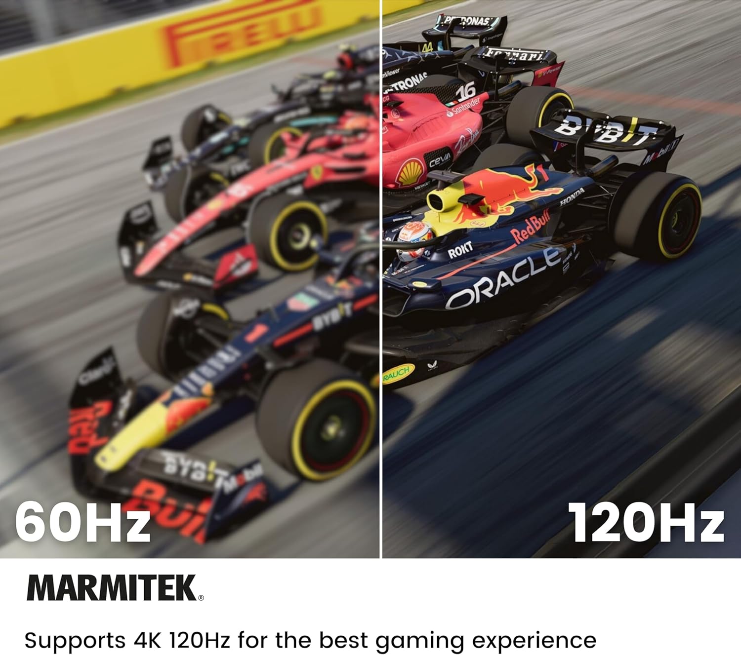 Side-by-side comparison of 60Hz and 120Hz refresh rates in a racing game, highlighting smoother motion at 120Hz.