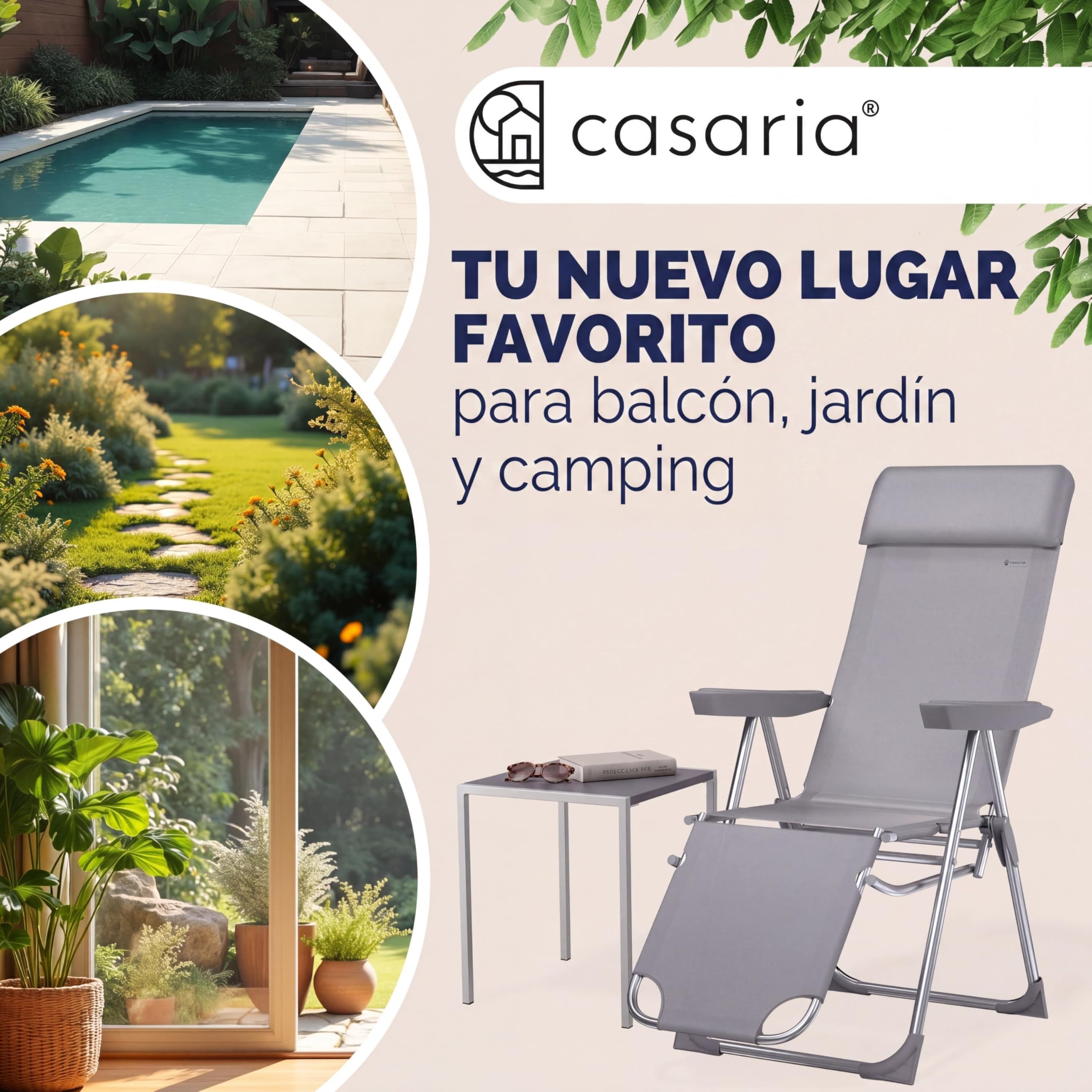 CASARIA® Sillas Gravedad Cero Plegables Set de 2 Reclinables Respaldo Alto Ajustable en 6 Posiciones Estructura Aluminio Exterior Jardín Balcón Playa Gris