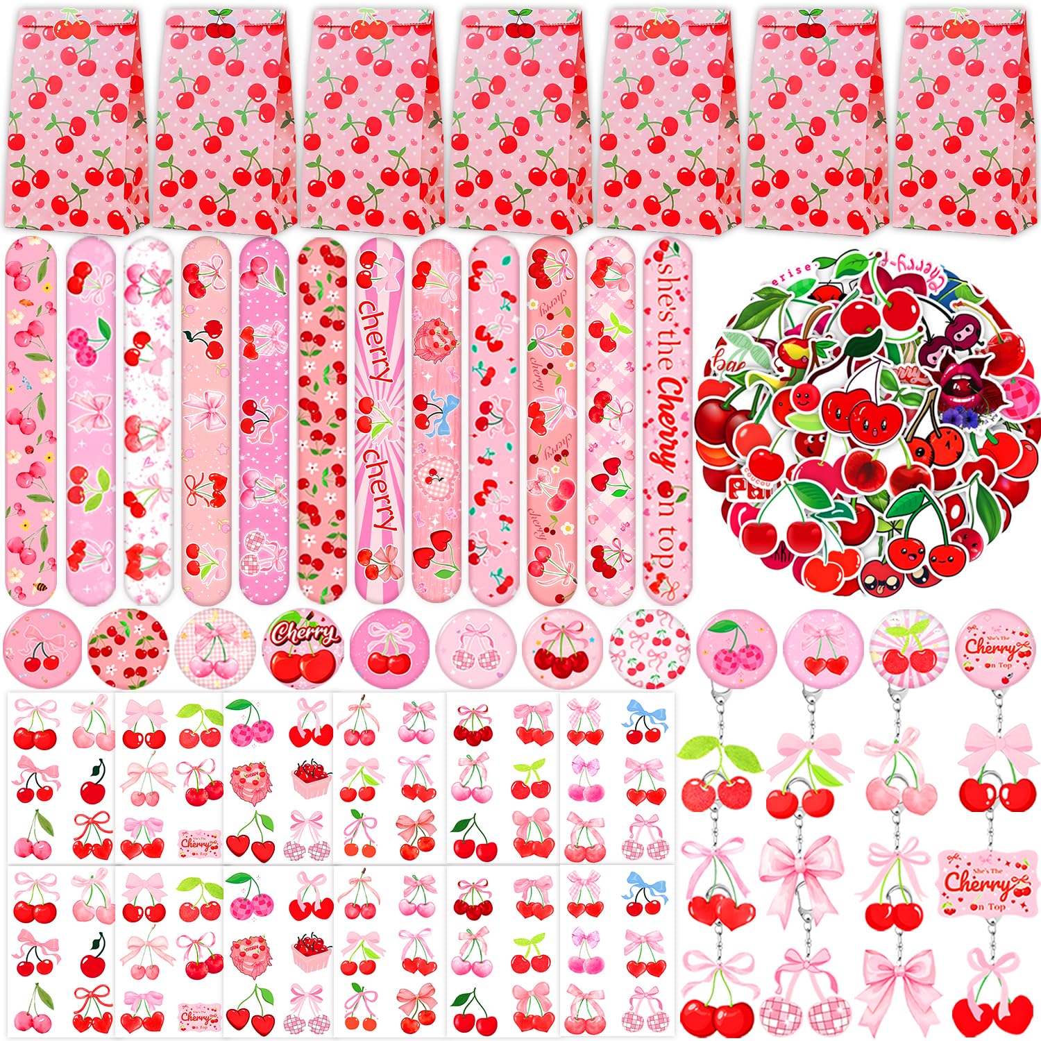110PCS Cherry Party Favors She's The Cherry On Top Slap Bracelet Summer Fruit Cherries Stickers Tattoos, Keychain, Button Pins, Cute Cherry Party Gift