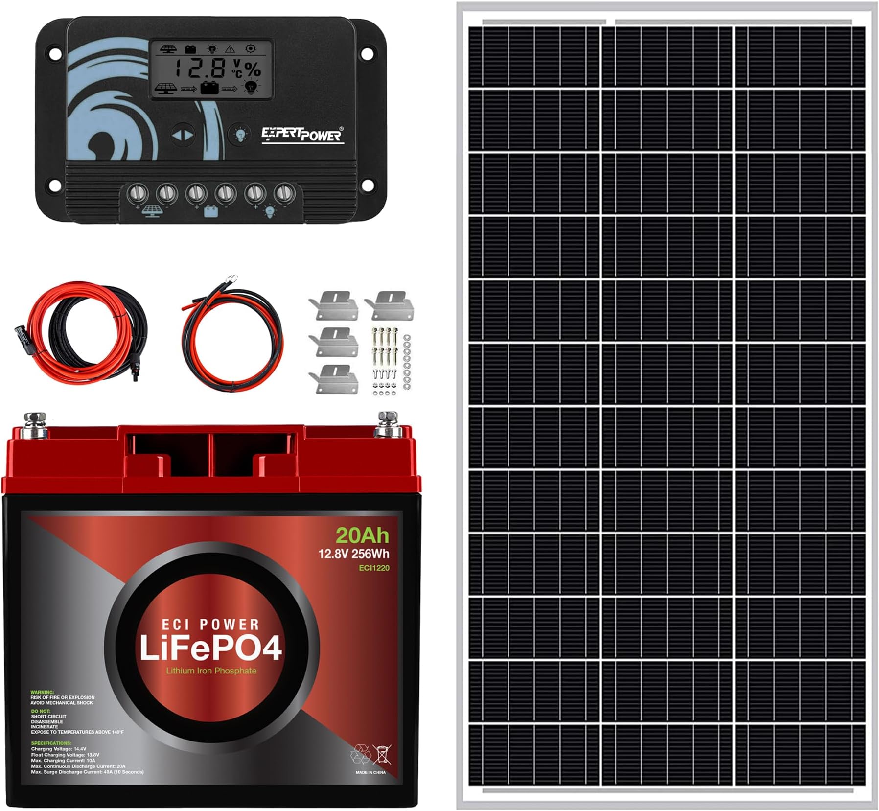 ECI Power 100W 12V Solar Power Kit | 12V 20Ah LiFePO4 Lithium Battery | 100W Mono Rigid Solar Panel, 10A PWM Solar Charge Controller | RV, Trailer, Camper, Marine, Off Grid, Solar Projects