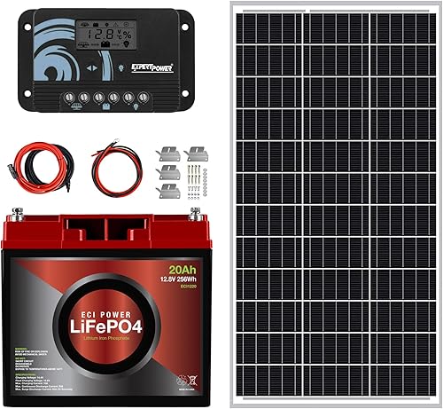 ECI Power Kit de energía solar de 210 W y 12 V  Batería de litio LiFePO4 de 12 V 20 Ah  Panel solar monorígido de 210 W y controlador de carga solar