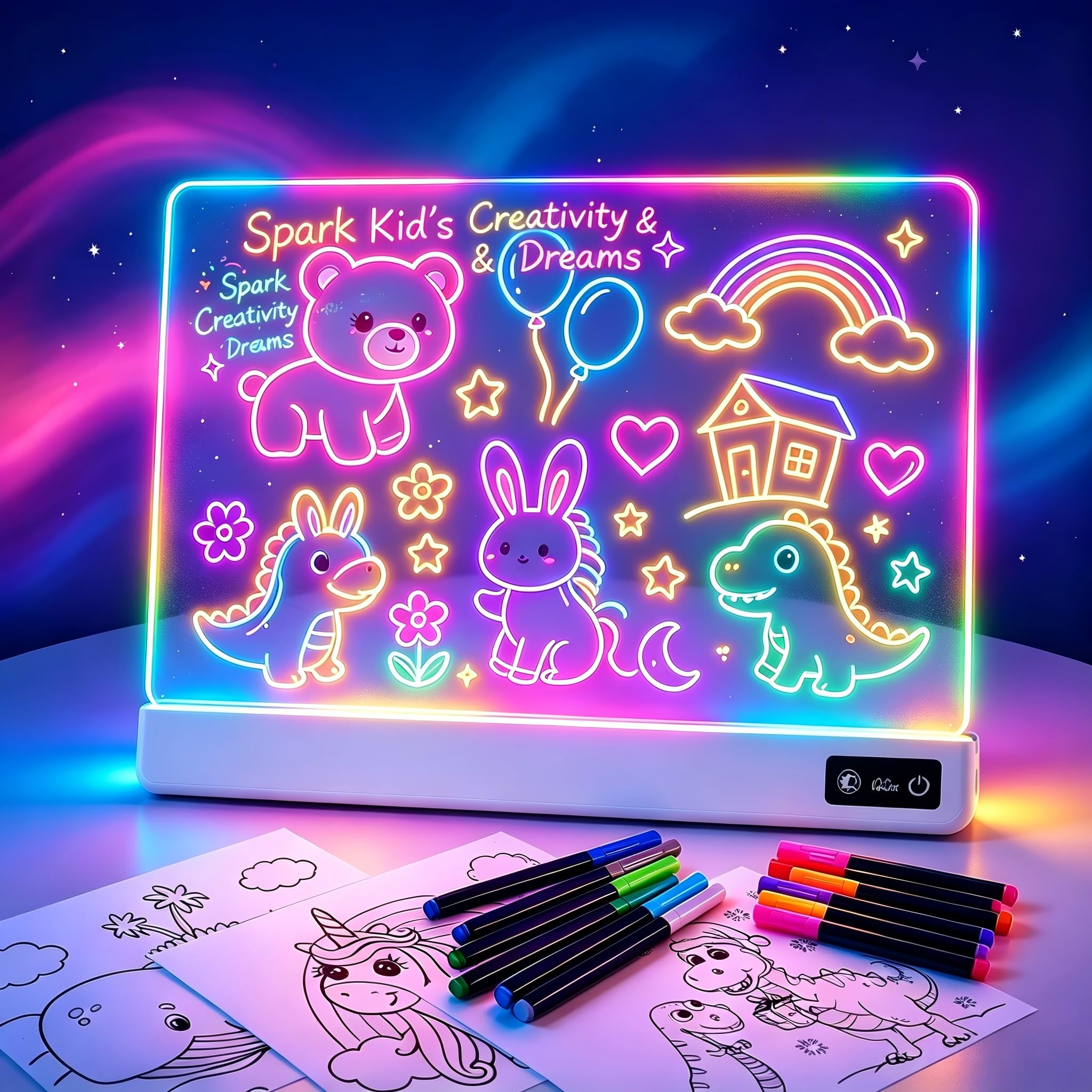 17 Inch Rechargeable LED Drawing Board for Kids, Upgraded 15 Colors Light Up Doodle Pad, Anti-Scratch PVC, Flicker-Free Eye Care, Includes Tracing Cards & 12 Ma