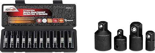 EPAuto Juego de llaves métricas de impacto profundo de 1/2 pulgada, Cr-V, 6 puntos, 11 enchufes + 4 piezas de adaptador de enchufe de impacto y