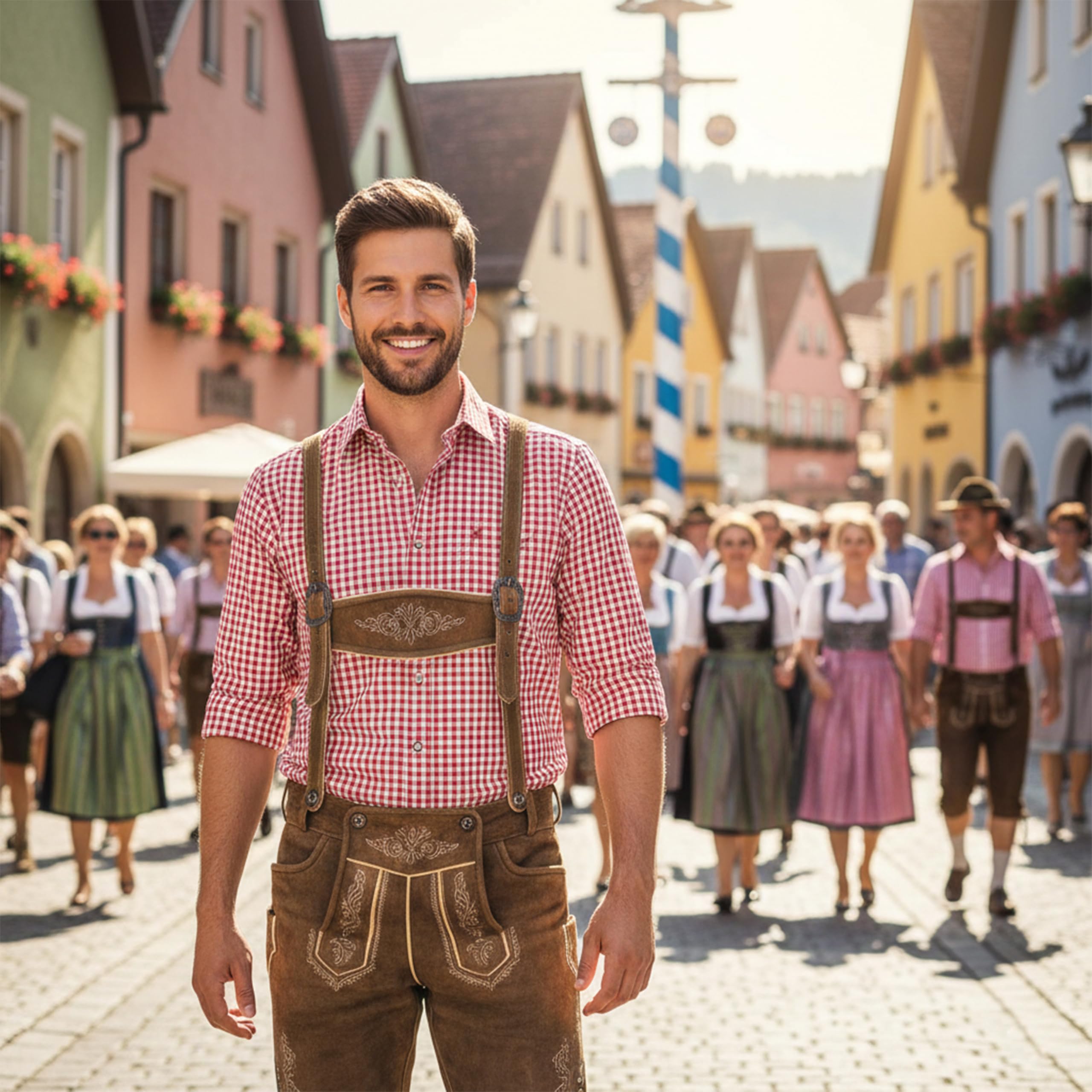 German Wear Trachtenhemden für Herren mit Langen Ärmeln, klassisches Karomuster, hochwertige bayerische Mode mit Hirsch-Stickerei und kardieten Ärmeln