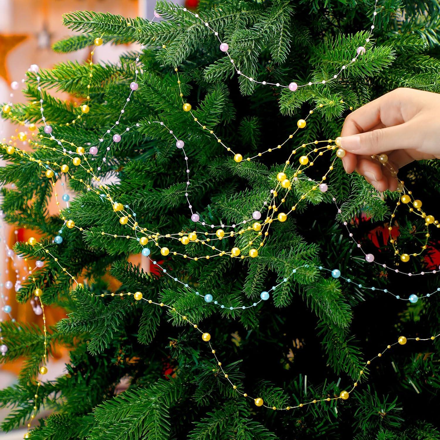 Highergo 600 Feet Pastel Christmas Beads Garland Decoration Christmas Tree Decor Pastel Pearl Strands Chain for Xmas Tree Decoration Indoor Outdoor Home Mantle Fireplace Holiday Decor
