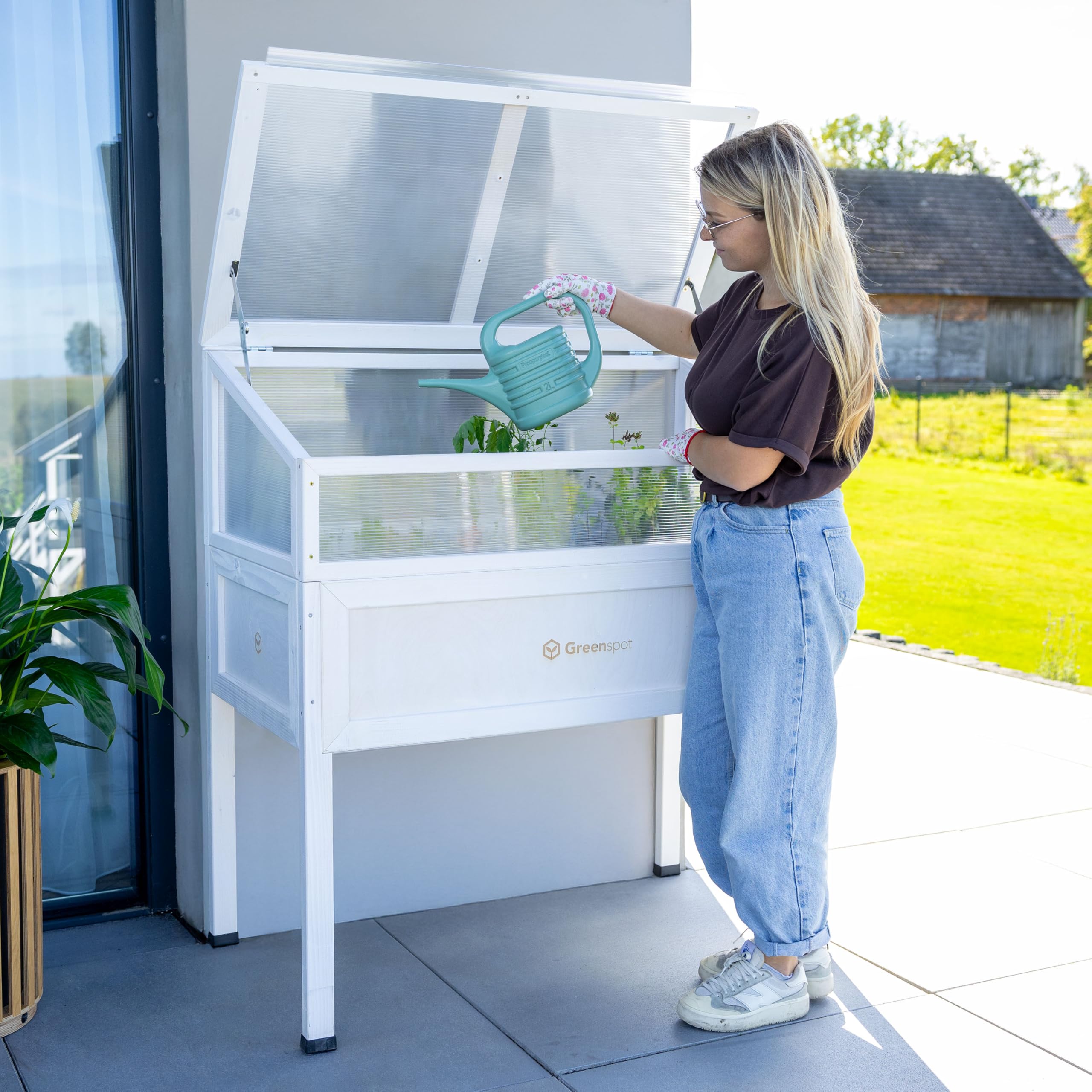 Greenspot - Mini Szklarnia z Pokrywą - na Balkon i Taras - Szklarnia na Podwyższeniu, Podwyższona Grządka - 110x55x120cm - z Drewna - Inspekt z Osłoną, na Wysokich Nogach - Vintage Biała