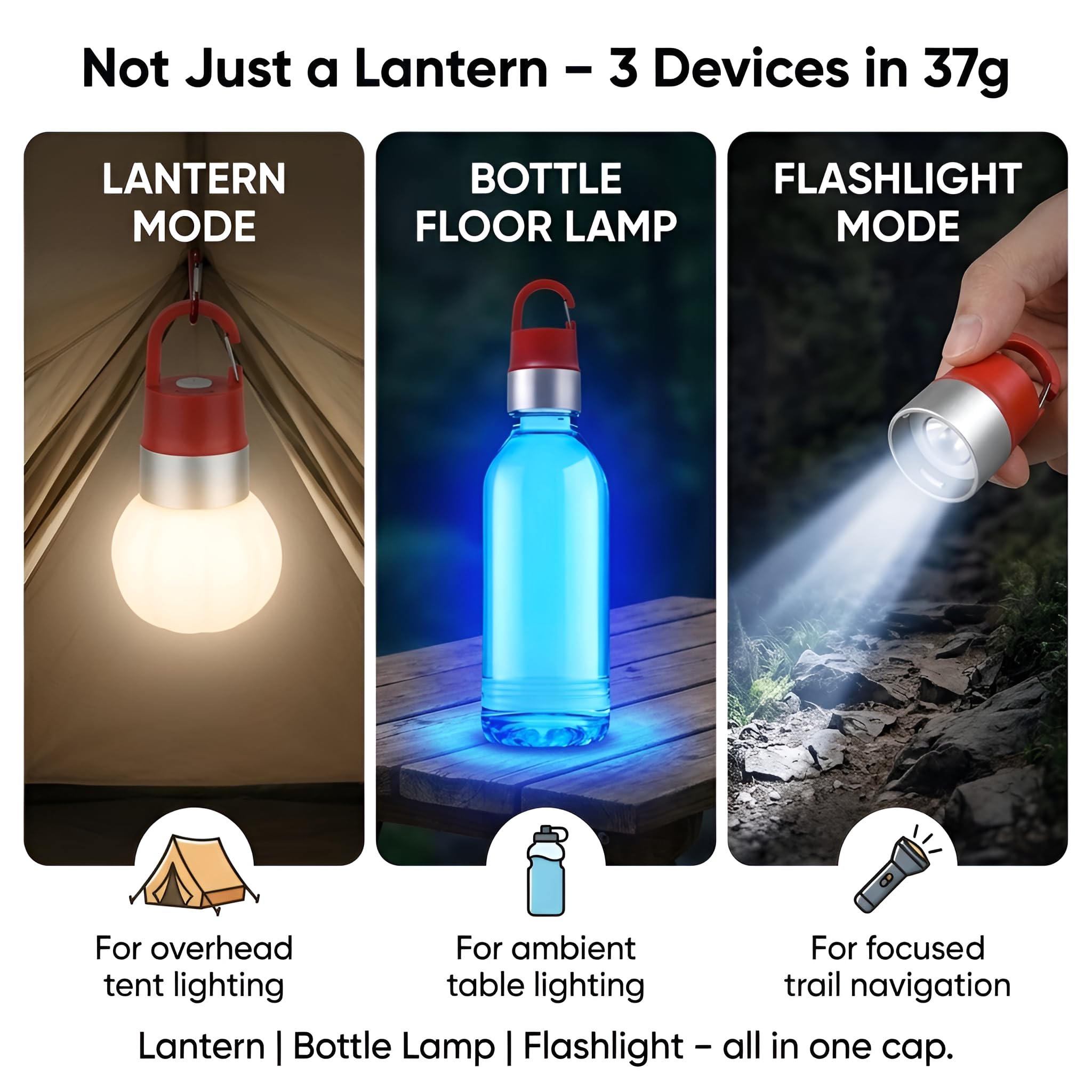 POCKETMAN Lanterna da campeggio ricaricabile a LED, 6 colori, USB-C | Confezione da 6 pezzi, 6 colori, 37 g ultra leggero, 10 modalità, RGB, IPX4 impermeabile, filo per bottiglia, gancio, USB-C