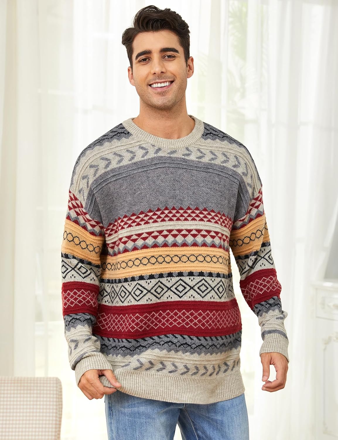Mens Knit Sweater Grandpa Vintage Knitted Sweaters Oversized Striped Spring Pullover Casual Long Sleeve Pullovers - Image 3