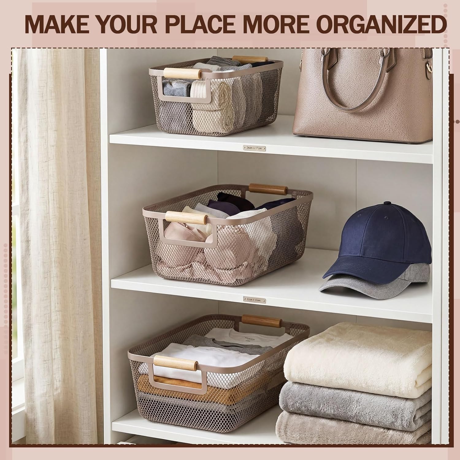 Mumufy 3 Pcs Metal Wire Basket with Wooden Handles Mesh Steel Organizer Bins for Pantry Closet Kitchen Cabinet Home Fridge Fruit Makeup Snacks Organization (Brown,3 Sizes)