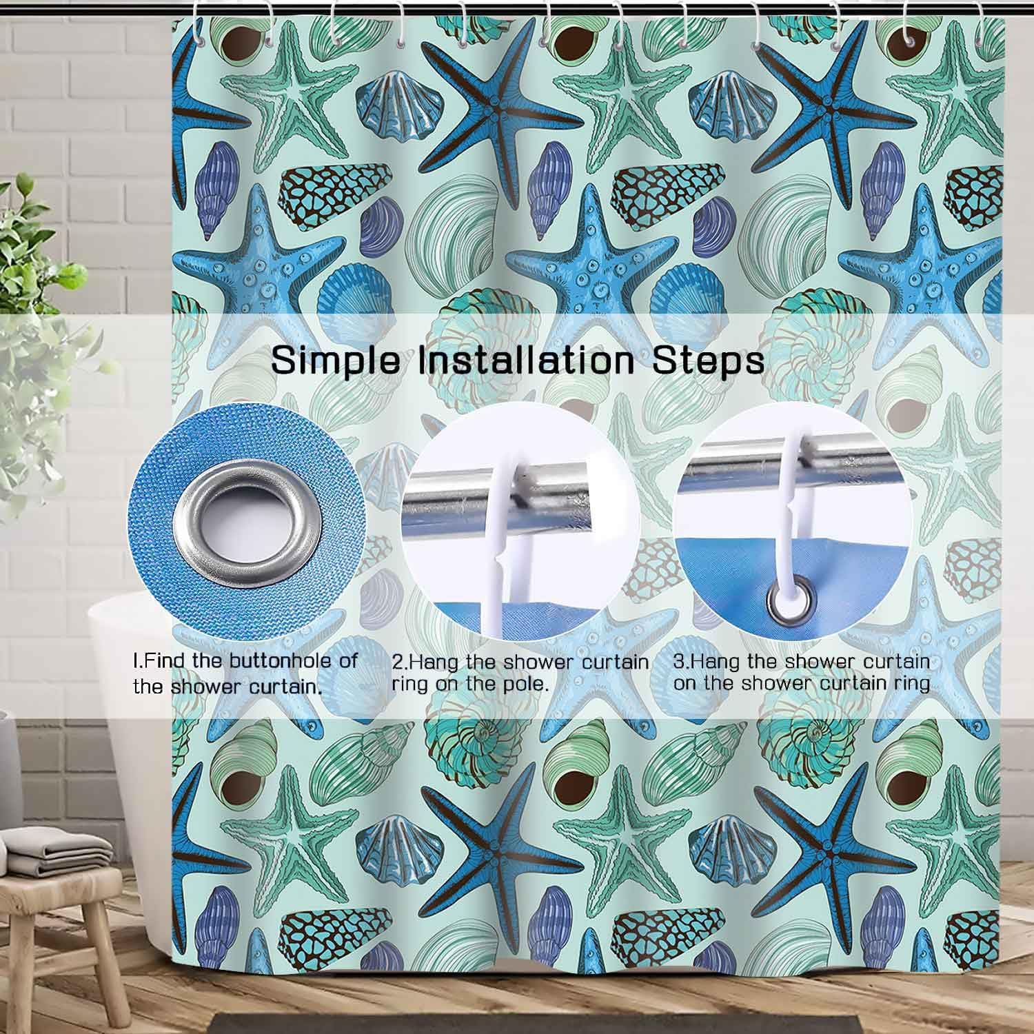 Coastal Shower Curtain Ocean Beach Seashells and Starfish Shower Curtain Nautical Underwater World Marine Life Bathroom Curtain 72" x 72", Turquoise