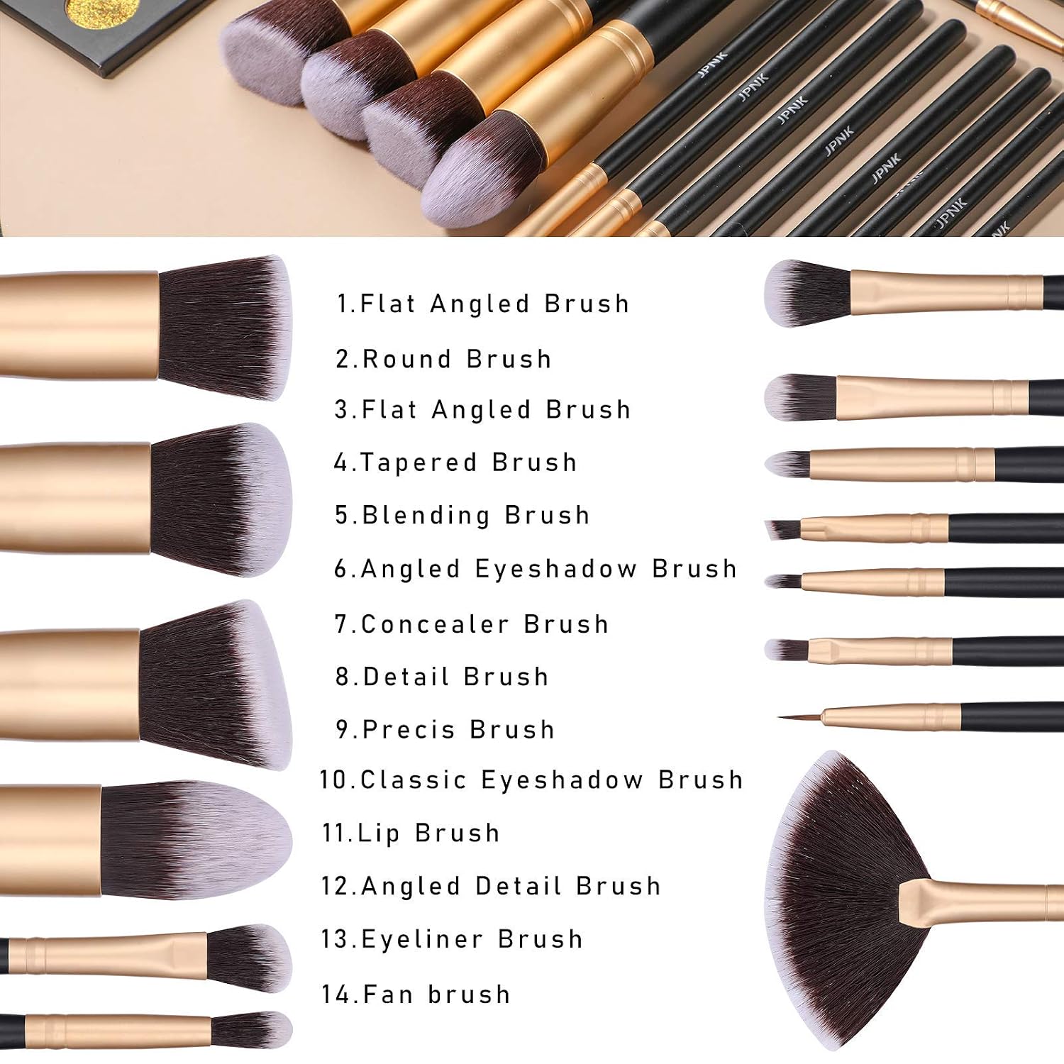 JPNK Synthetic Makeup Brush Set Cosmetics Foundation Blending Blush Eyeliner Face Powder Brush Makeup Brush Kit (Golden)