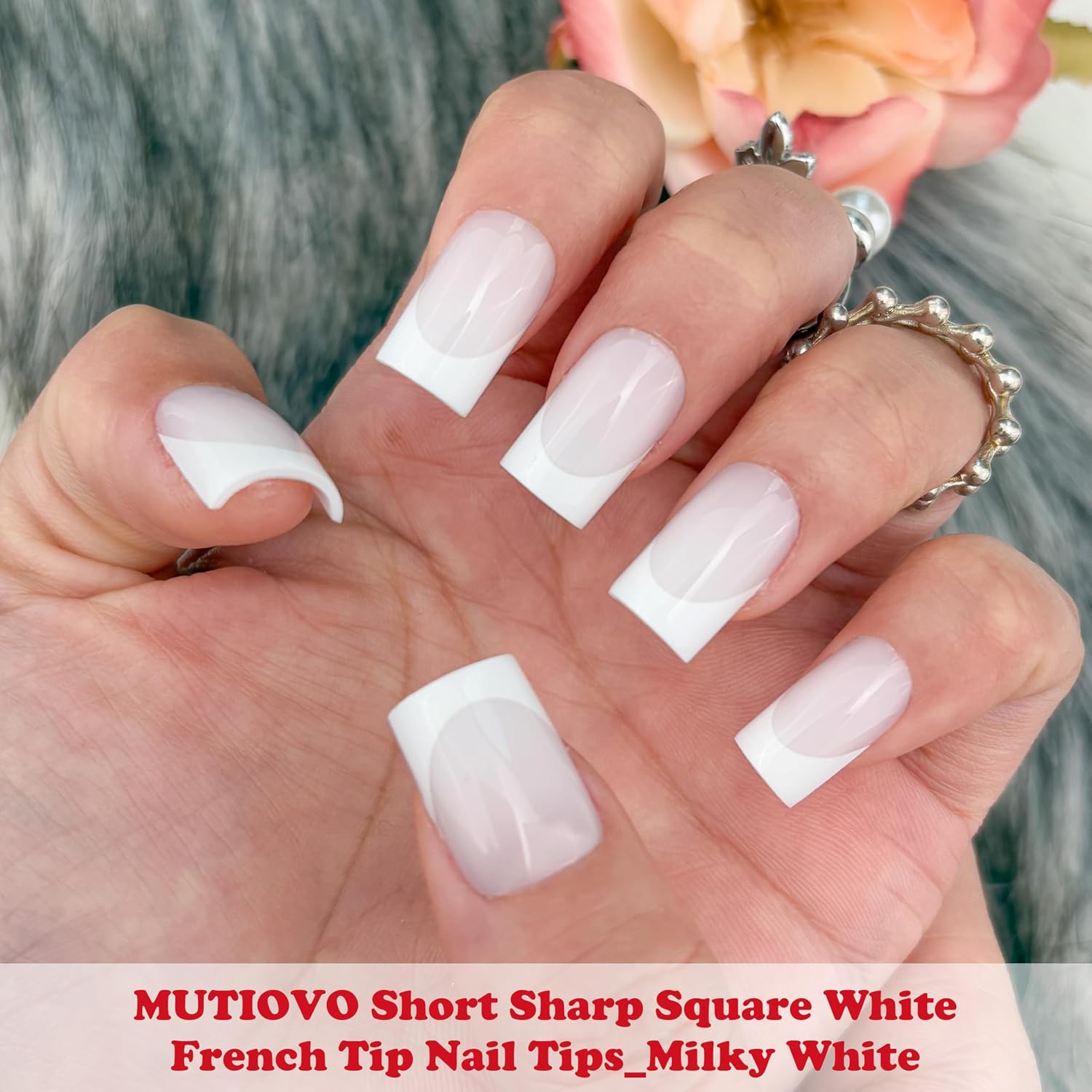 Short Square Nail Tips – 150Pcs Milky White French Tip Press on Nails, Short Straight Square Soft Gel Fake Nails, Pre-Designed White Tip with Semi-Translucent Milky Base for Home DIY