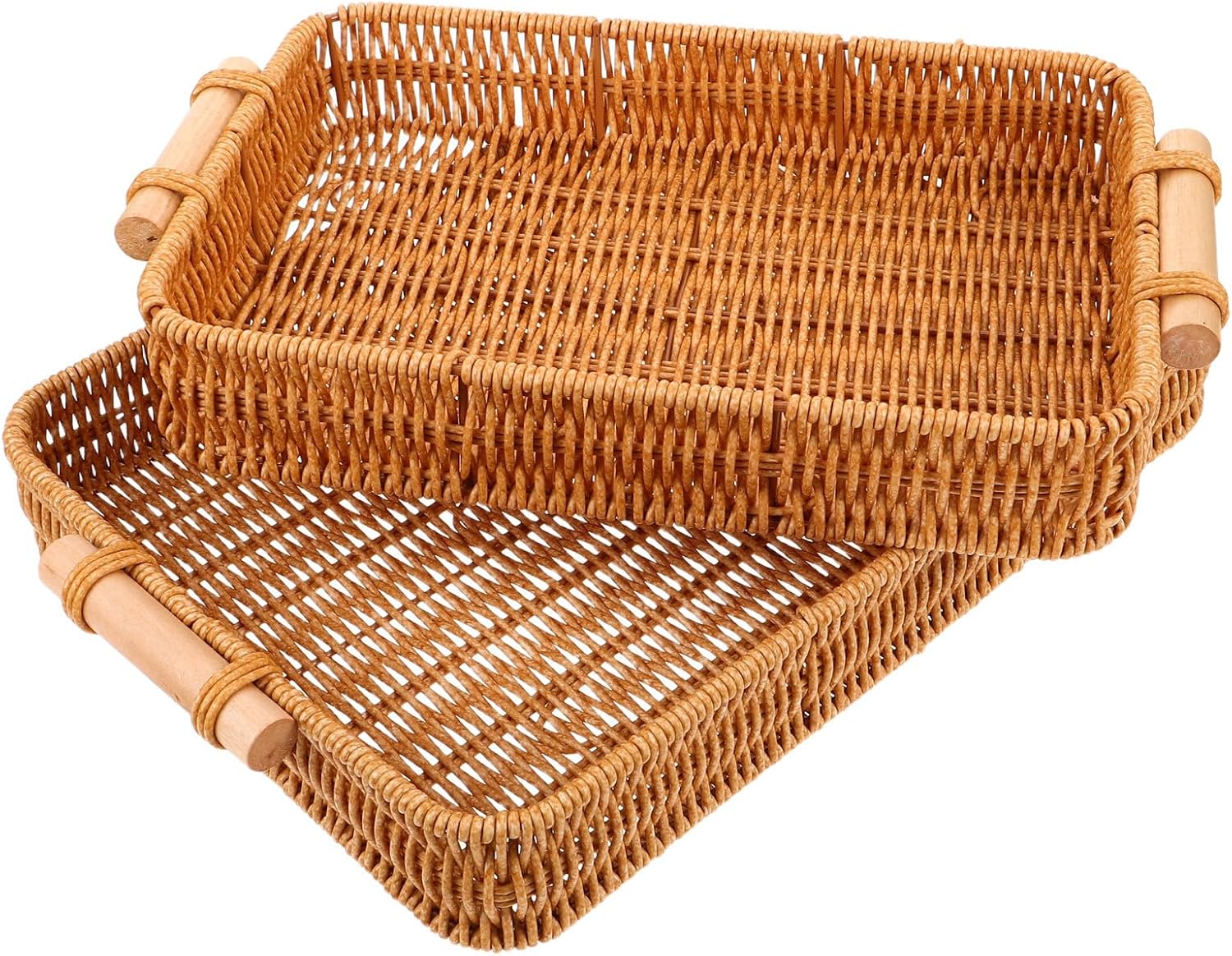 BESPORTBLE Handwoven Wicker Bread Basket with Handles 2pcs Set, Rectangular Rattan Storage Trays for Fruit, Vegetable, and Snack Serving, Handmade Bread and Food Organizer for Kitchen