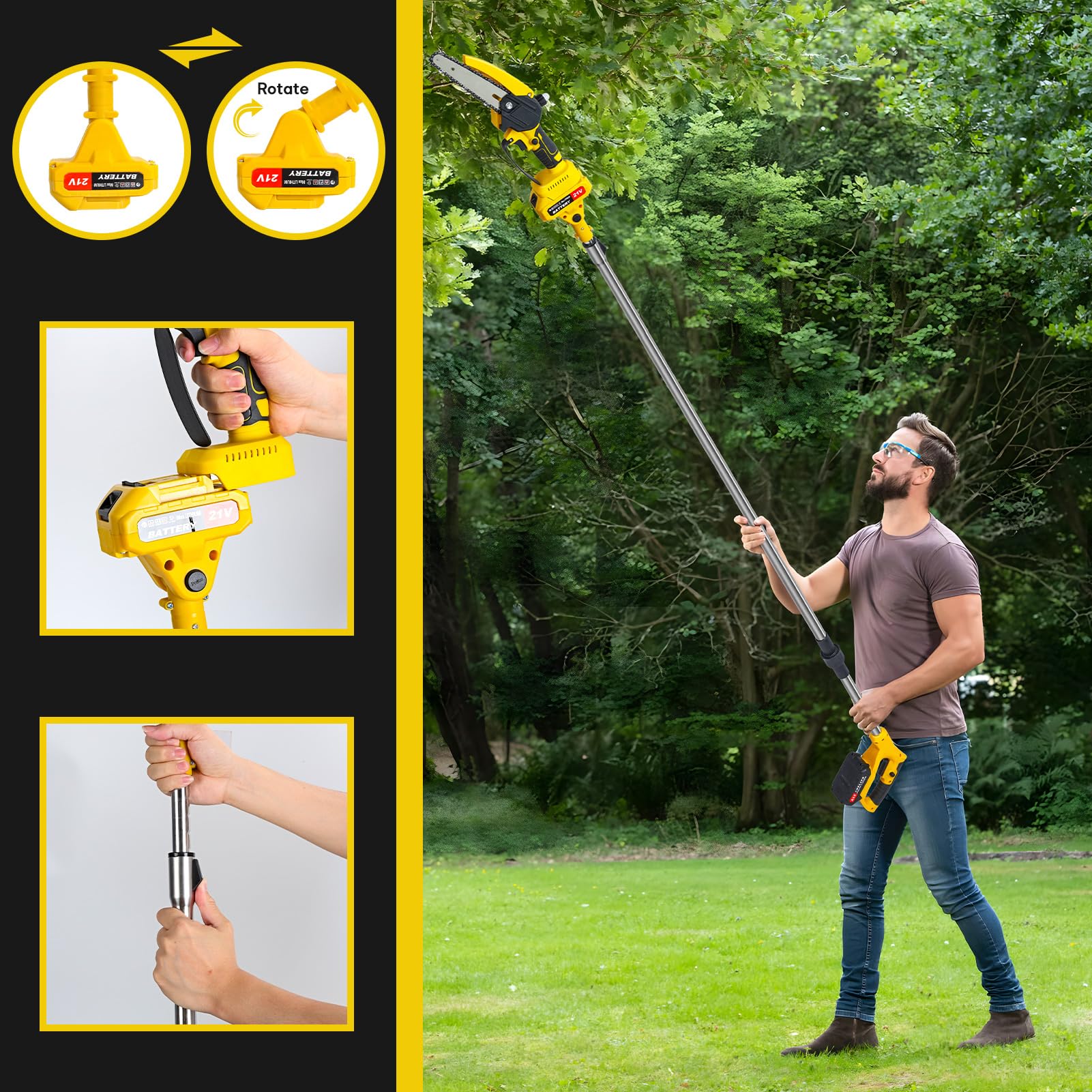 2 in 1 Mini Tronçonneuse et Élagueur sur Perche sans Fil, Tronçonneuse Télescopique 21V, Perche Télescopique 0.9-5.9 FT, Tête Inclinable 120° pour Taille Haute (Jaune)