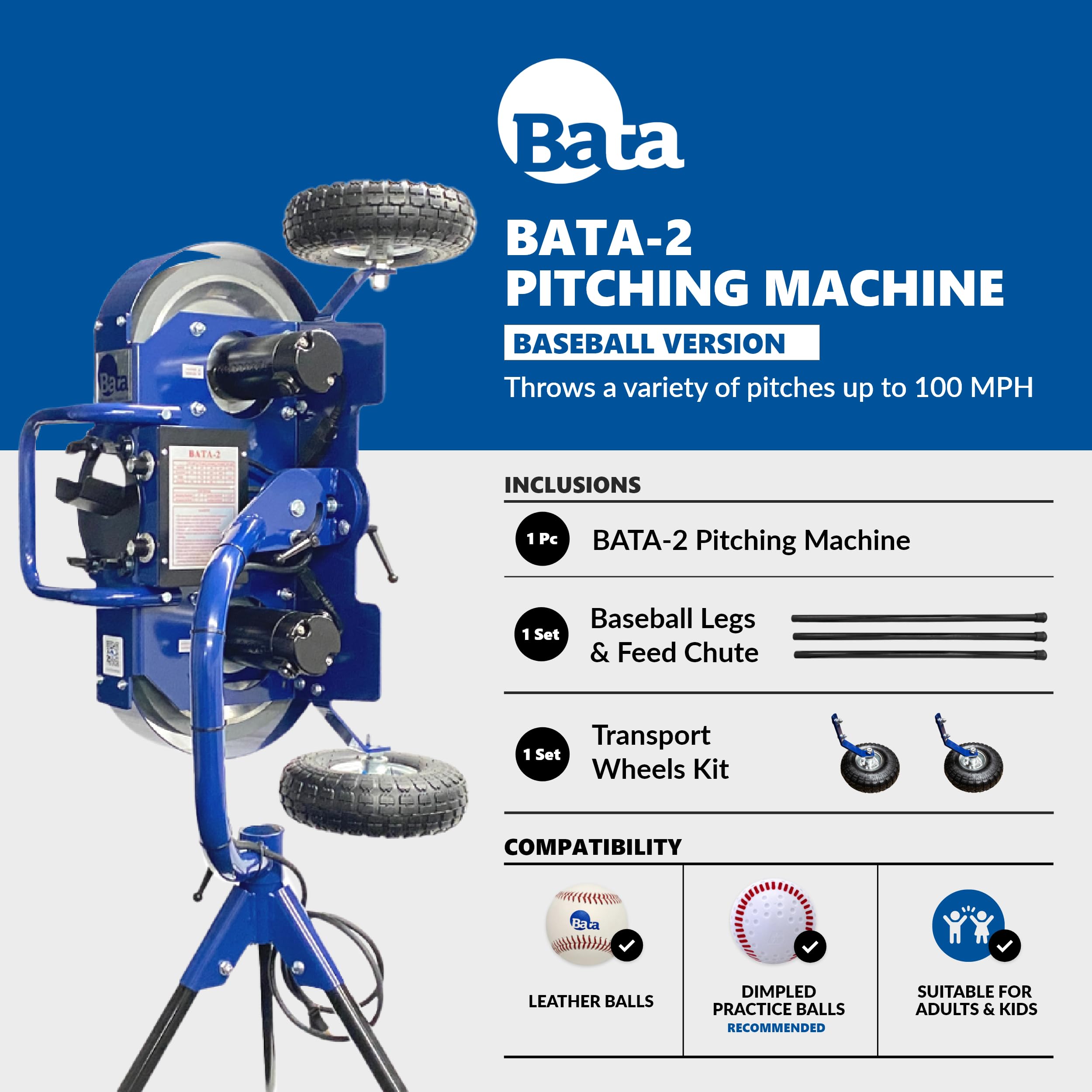 BATA B2 Baseball Two Wheel Pitching Machine, Youth and Adult Automatic Pitch Machine for Baseballs, Practice Training Equipment