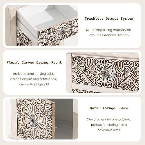 Miniatura 12 de SUNBURY Mesa auxiliar para sala de estar, mesa auxiliar pequeña con 3 cajones, mesita de noche vintage, elegante mesita de noche pequeña para