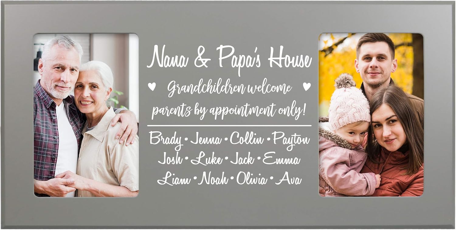 LifeSong Milestones Gifts for Grandparents Double 4” x 6” Photo Frame Family Wall Decor with Grandchildren’s Names for Home 8” x 16” Grey (Nana Grandchildren)