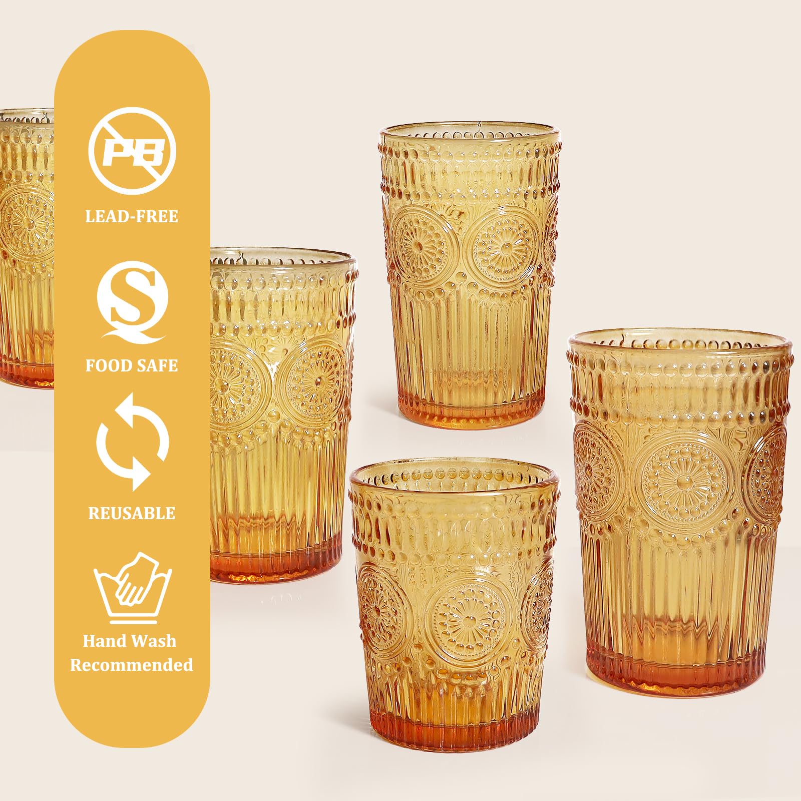 Loivttvv Juego de 12 vasos vintage para beber, vasos altos de 12 onzas y vasos de cristalería acanalados en relieve de 9 onzas para cóctel de Acción de Gracias, jugo, café, whisky (ámbar)