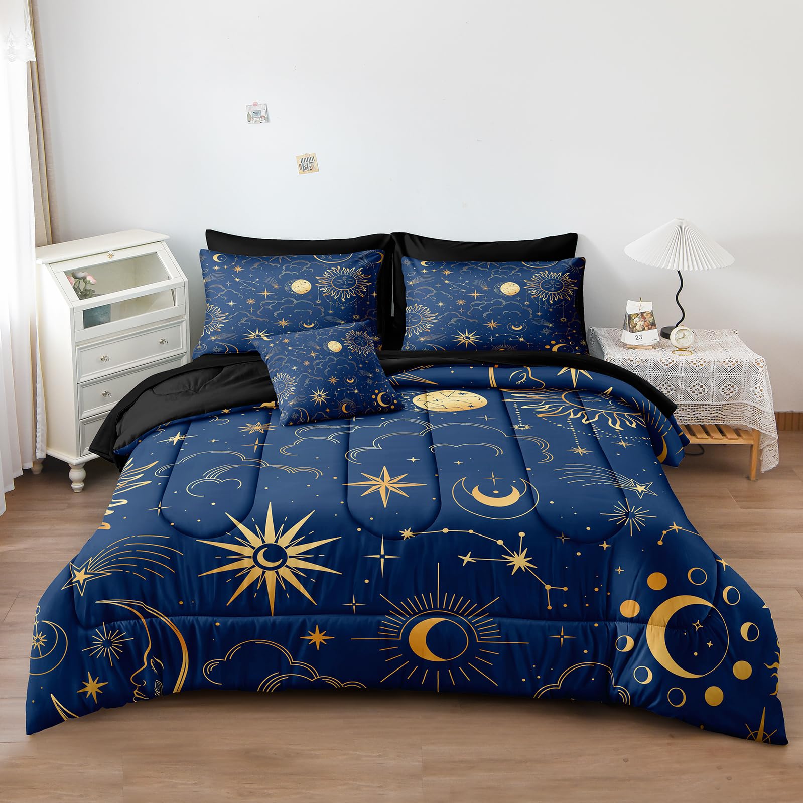 Dreamwaka Sun and Moon Full Size Bed in a Bag Blue Galaxy Bedding Set Mysterious Space Home Decor Galaxy Star Down Comforter Set Black Sheet Set 8 Pcs Soft Microfiber for Kids Adults