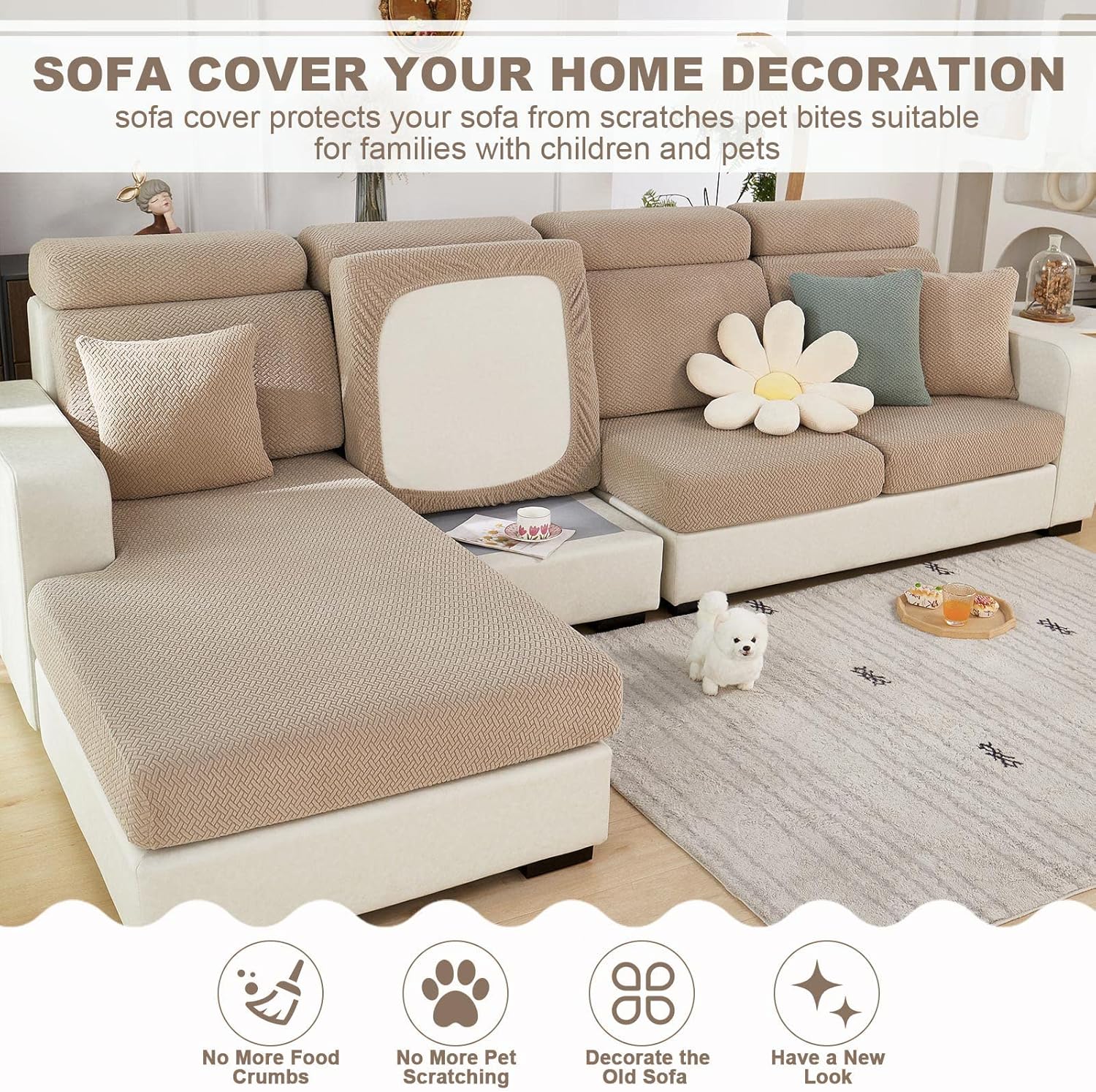 ShowyLive 2025 New Wear-Resistant Universal Sofa Cover, Stretch Couch Cushion Slipcovers Replacement, Anti-Slip L Shape Sofa Covers, Chaise Lounge Sofa Slipcover (Weave Camel,Large Single Seat Cover)
