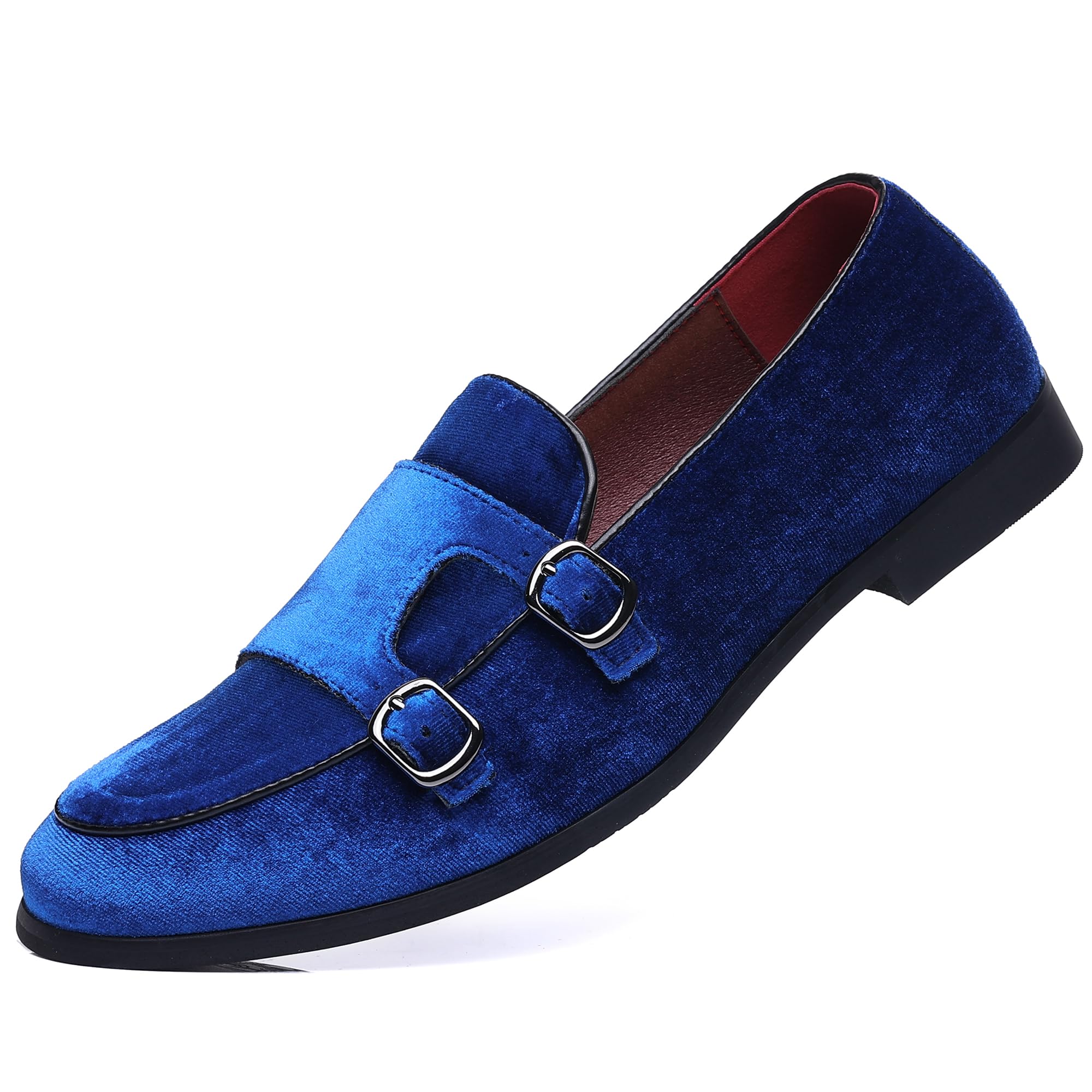 COSIDRAM Mens Dress Shoes Velvet Loafers Double Monk Strap Vintage Fashion Slip-on Suede Loafers 10.5 A/Blue