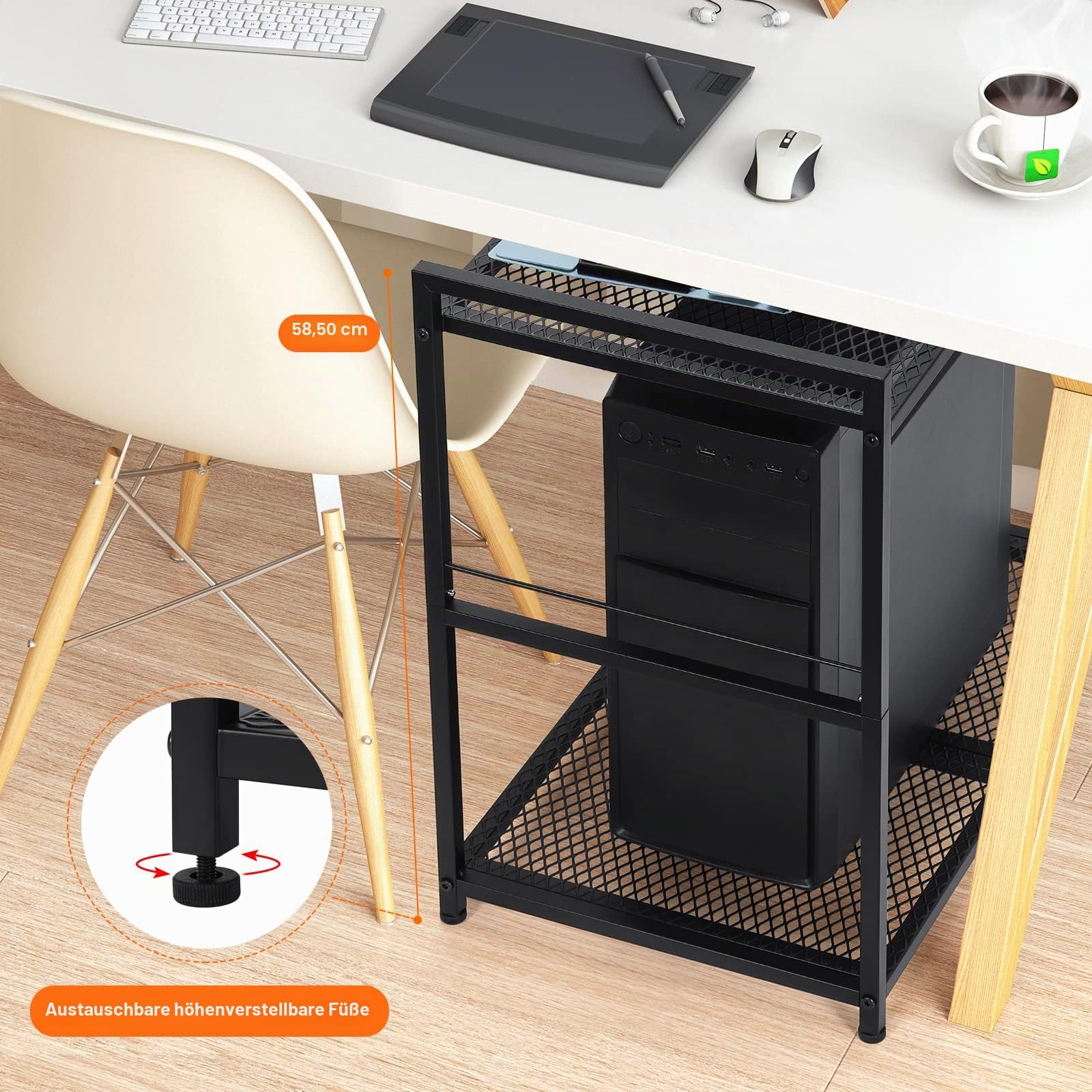 Ybing, Computer-Turm-Ständer aus Metall, mobiler CPU-Halter mit Rollen, 2-stöckig, Lenkrollen, für Drucker, Faxgerät, zur Platzierung unter dem Schreibtisch, Home-Office, schwarz
