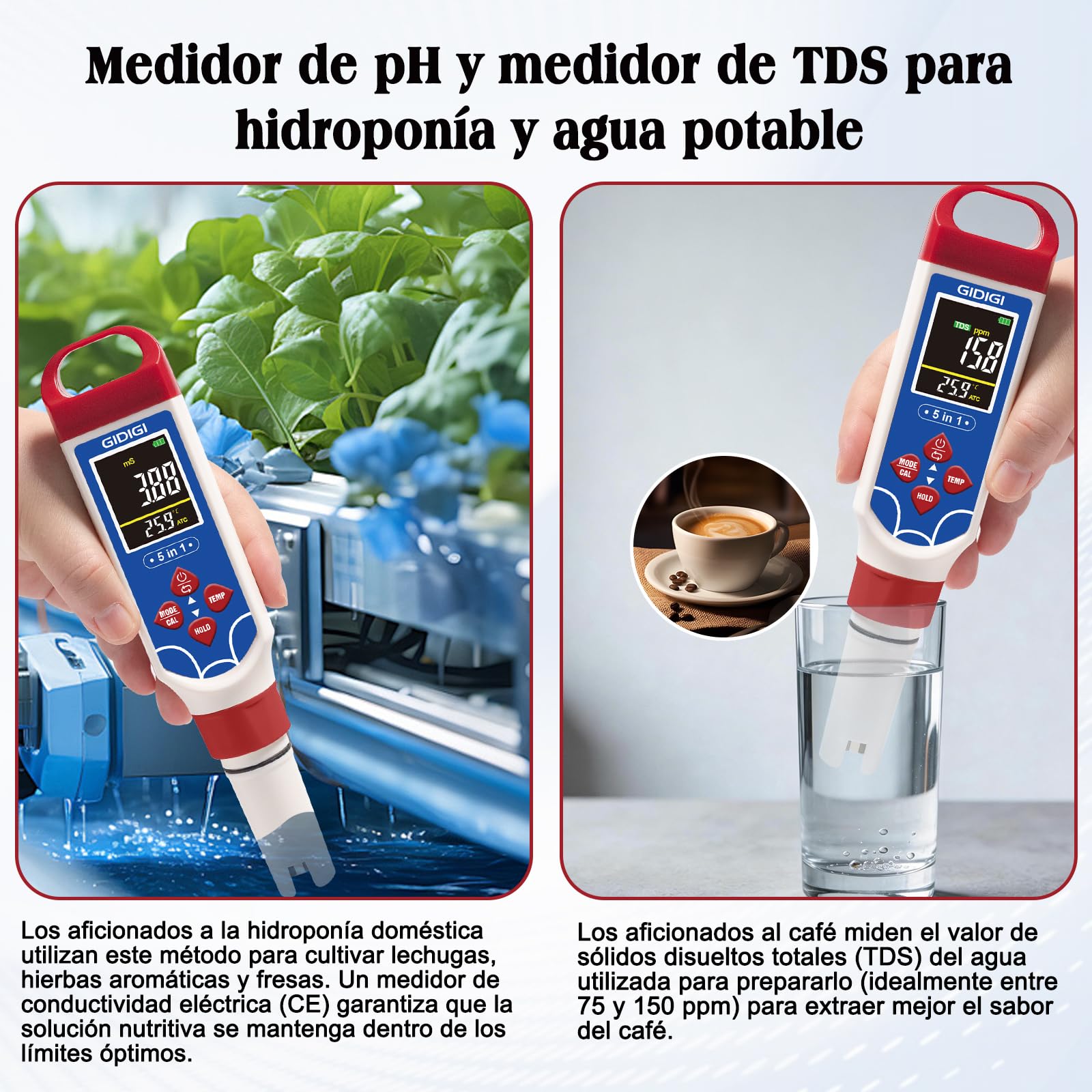 Medidor pH Piscina 5 en 1 Medidor de Salinidad con ATC y Función de Reinicio pH, Medidor de TDS EC para Agua Potable Medidor Sal Piscina Portátil Comprobador Salinidad para Pecera Acuarios Spa