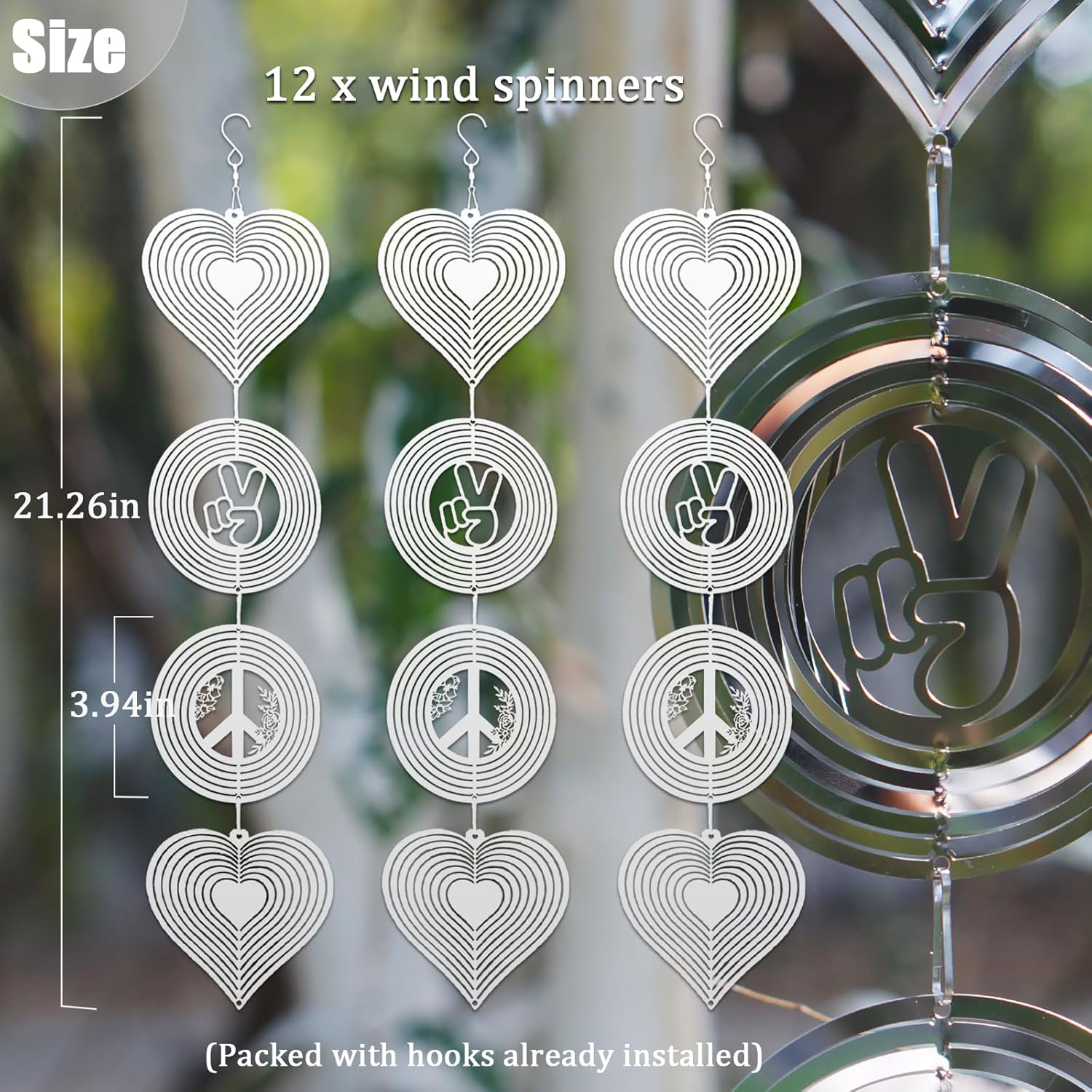 12Pcs Bird Scare Discs Set Reflective 3D Stainless Steel Wind Spinner Outdoor Garden Hanging Decor Bird Devices Deterrent Reflector to Scare Bird Away from Yard Patio Farm (Love & Peace)