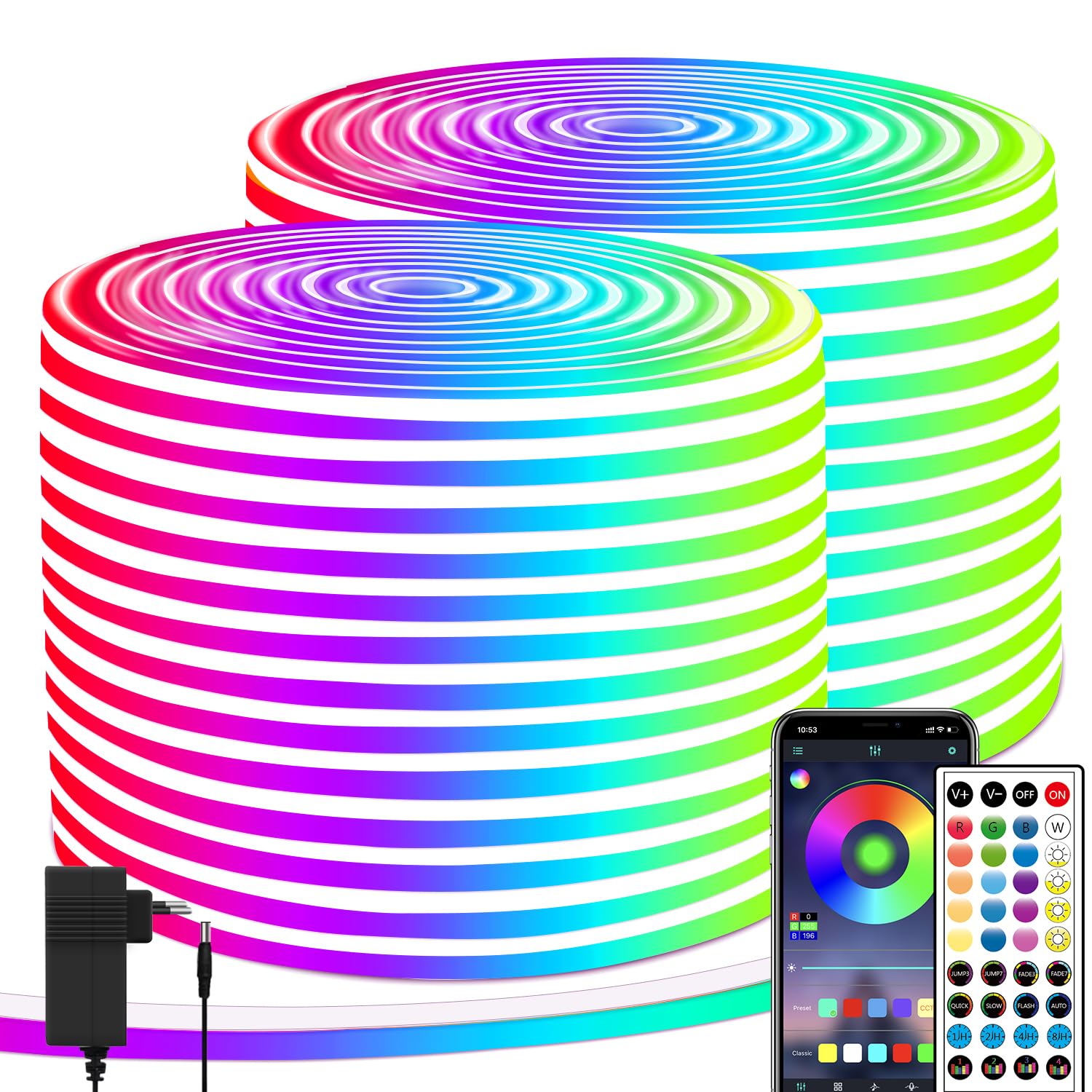 segrass Strisce LED RGB neon da 40 m, strisce flessibili DC 24 V, corde a LED con app/telecomando, possono essere utilizzate per camera da letto, camere e decorazioni esterne (2 rotoli da 20 m)