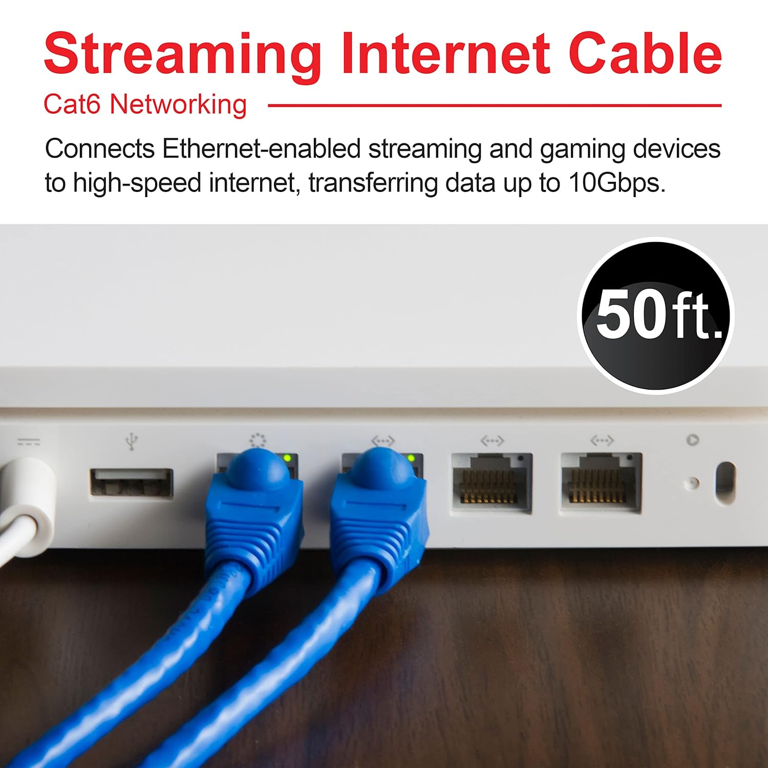 GE Cat6 Ethernet Cable, 50ft Ethernet Cable, Up to 1Gbps, Rated 250 Mhz, UTP, for High Speed Internet Devices, Streaming Devices, Routers, RJ45 Connectors, for Home or Office, Blue, 70330