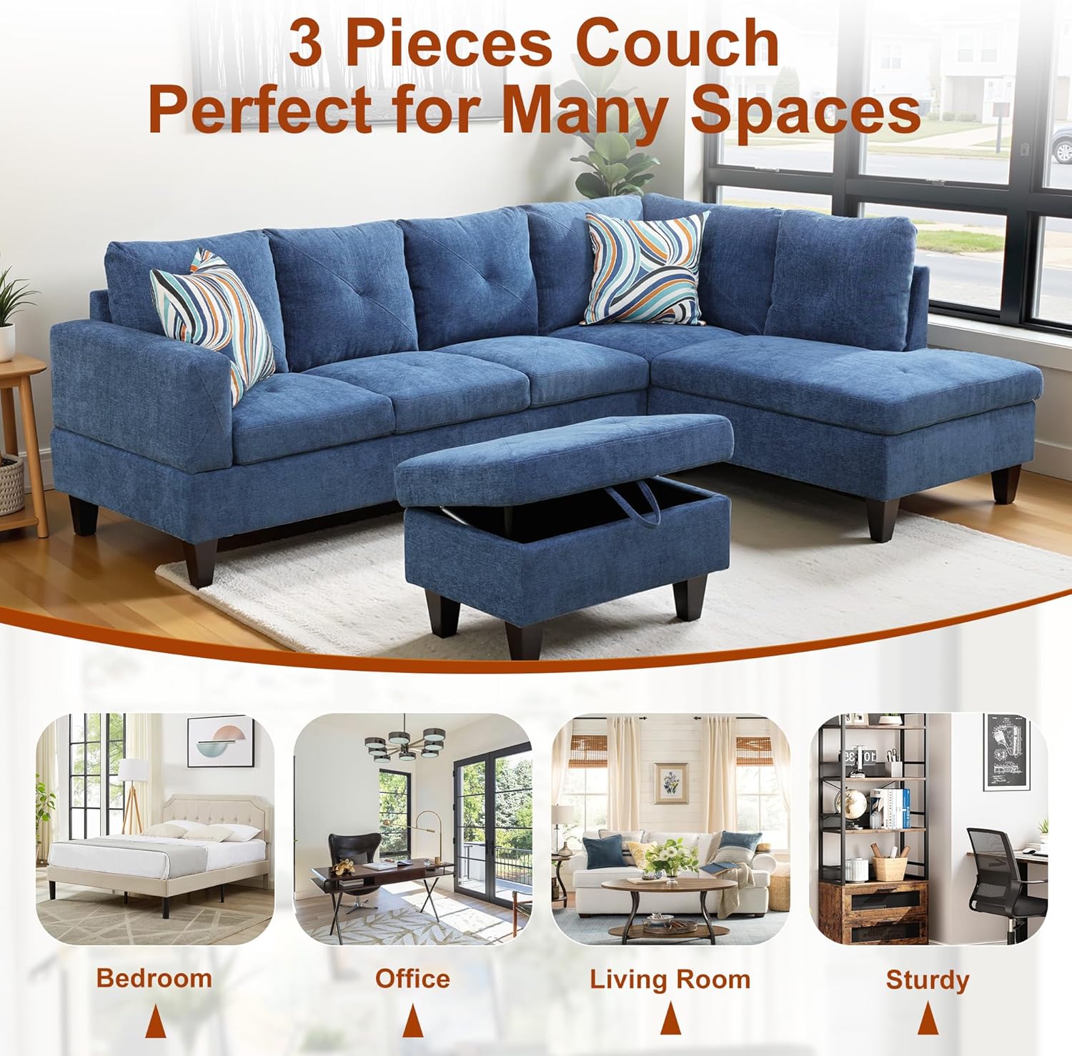 L Shaped Couch Sectional Couch Upholstered Linen 3 Pieces Sofas for Living Room with Chaise, Ottoman with Storage for Office and Small Apartment, Blue