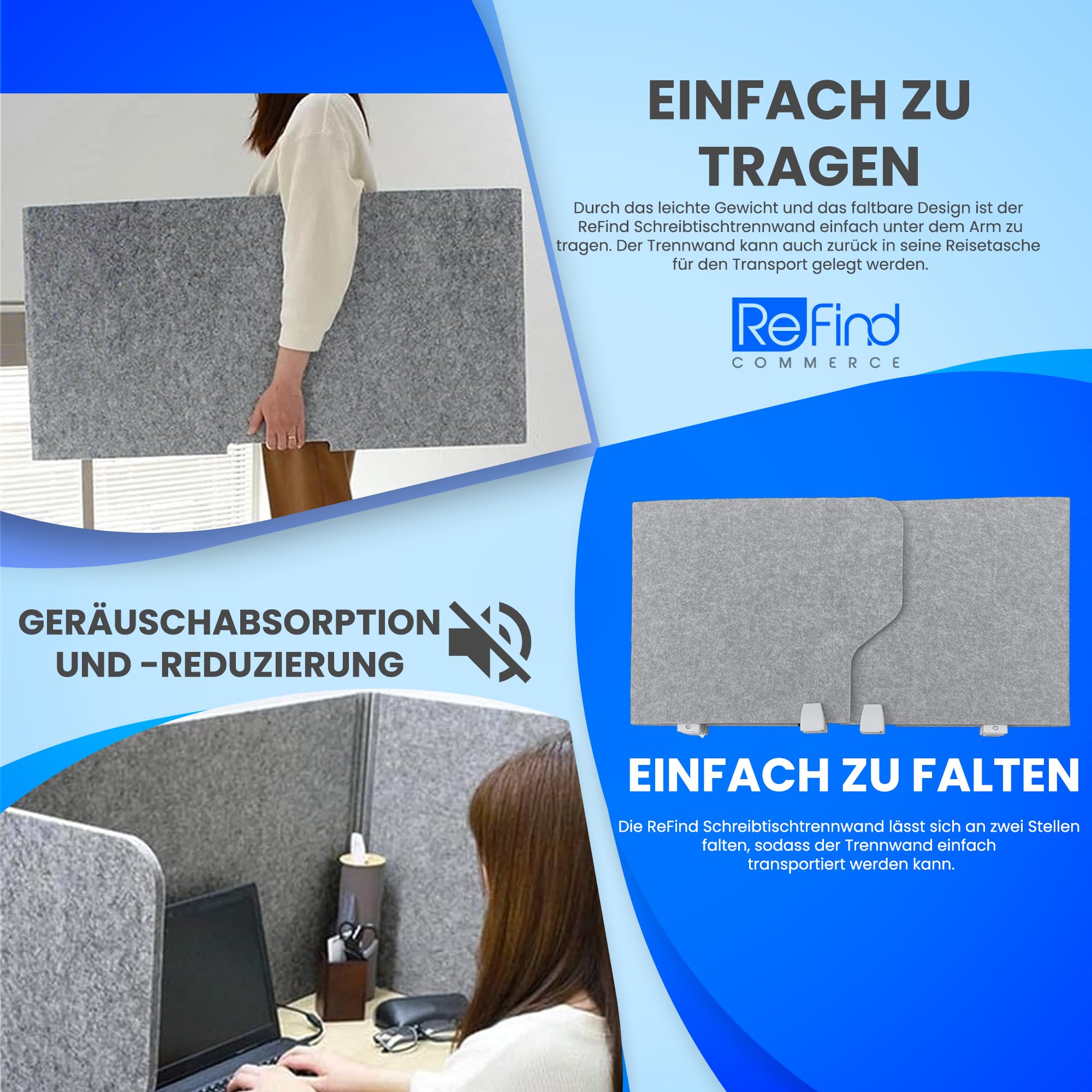 ReFind Faltbarer Schreibtisch-Trennwand Pro – Fodable Sichtschutz und Akustikplatte | Büro-Organizer für Schule oder Büro, Schreibtisch-Trennwand (50 cm x 50 cm x 80 cm)