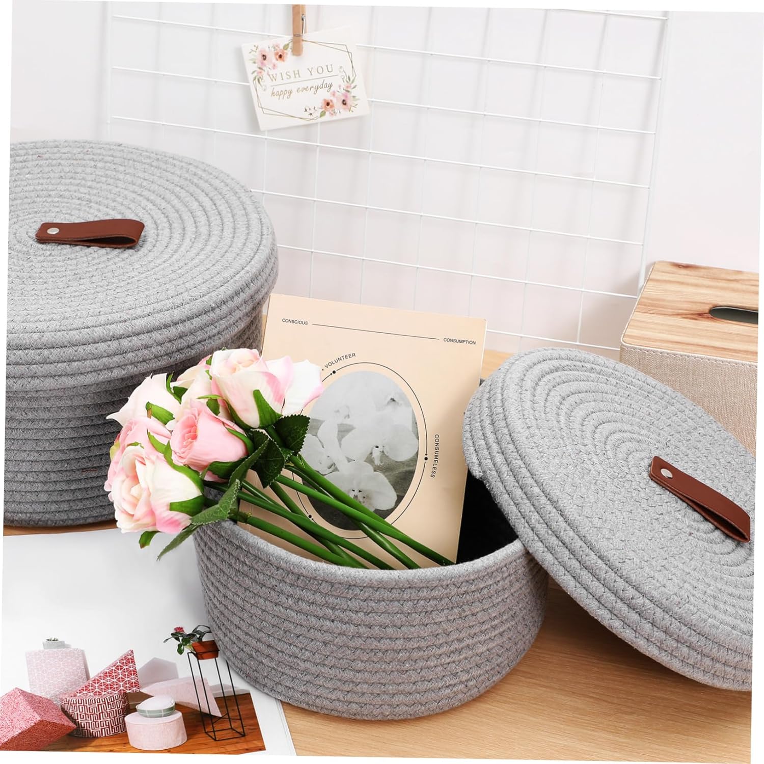 2pcs Cotton Rope Storage Baskets Lid Stylish Organizing Hamper for Nursery Versatile Bins for Shelves Makeup Chic Woven Design