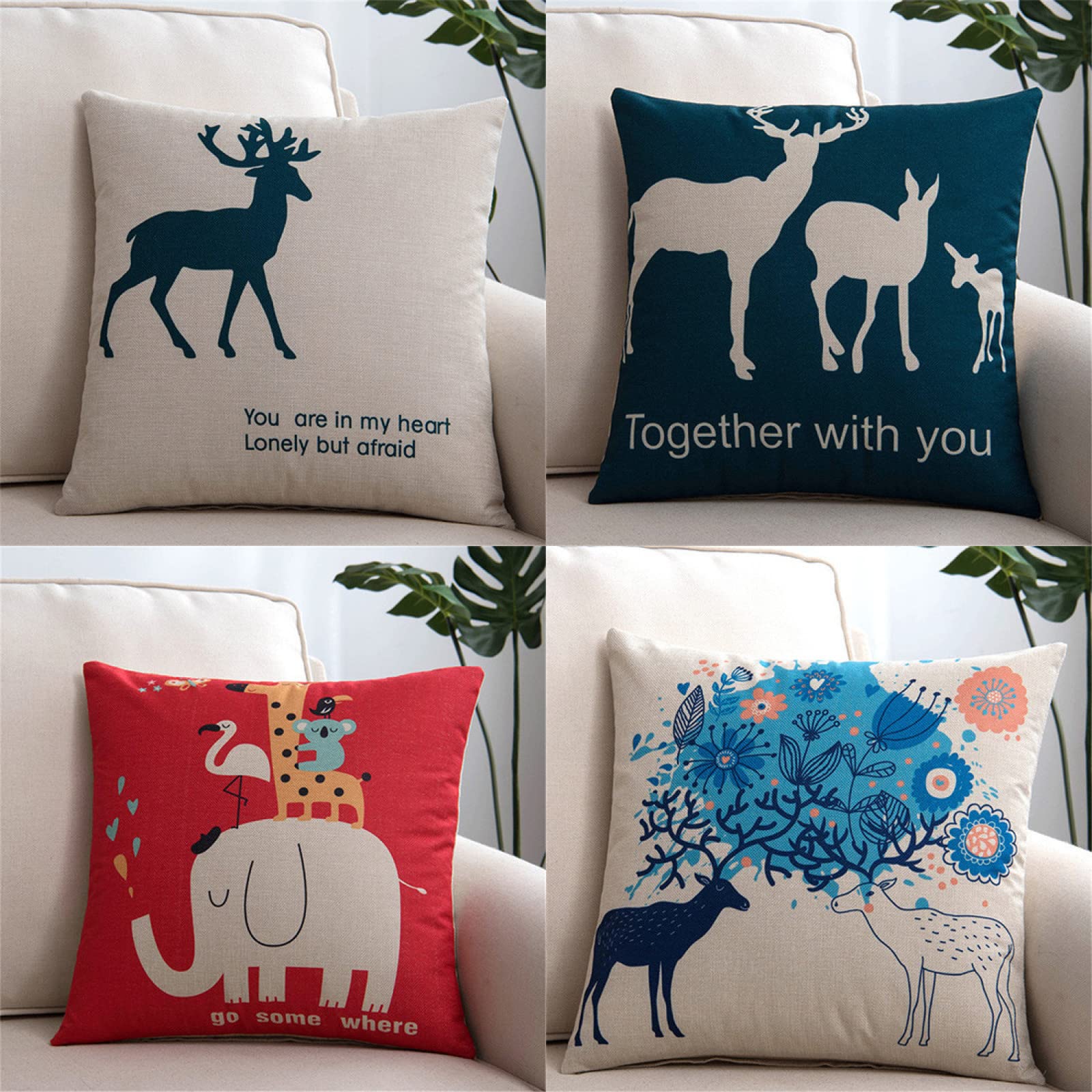 Lot de 4 taies d'oreiller 60x60 cm en lin avec motifs cerf et éléphant pour salon