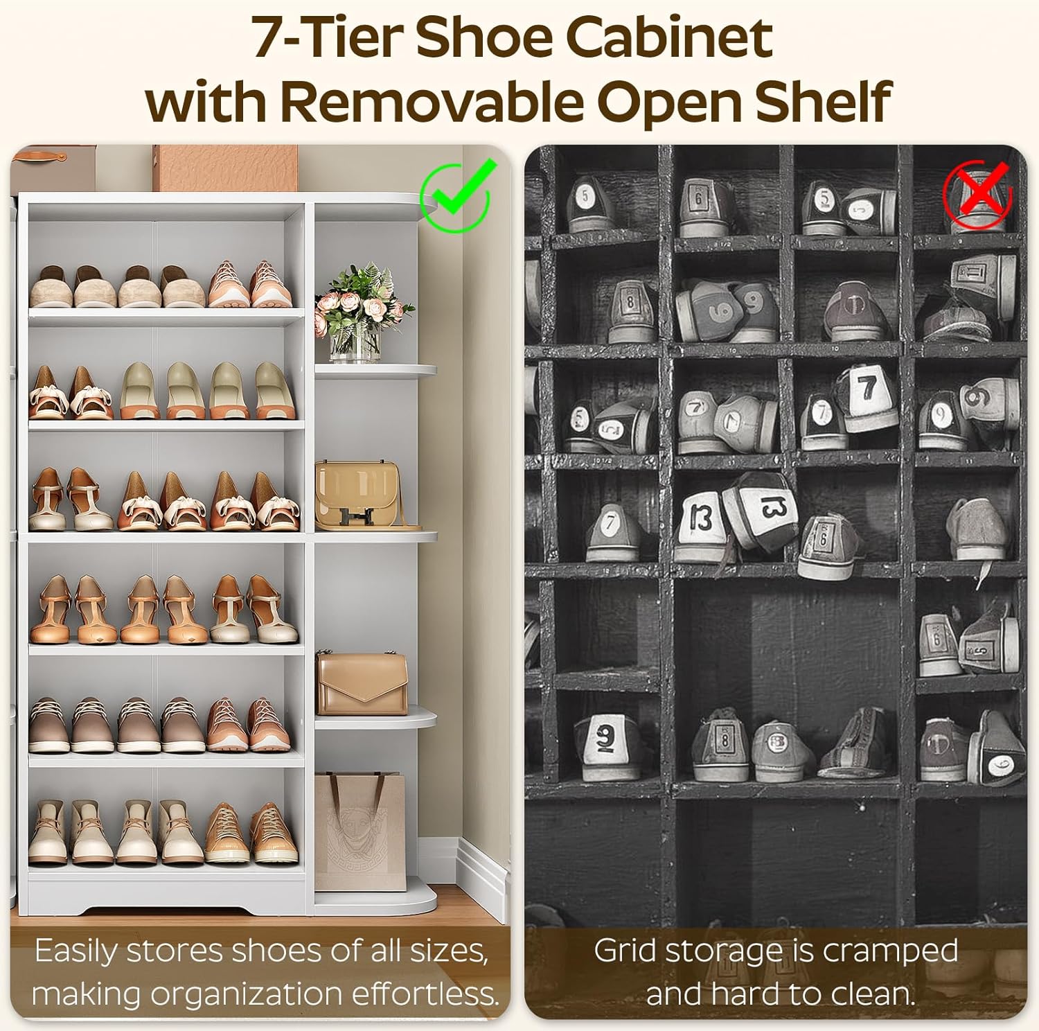 Tall Shoe Rack, Multifunctional Shoe Cabinet with Open Storage, Entryway Shoe Organizer for Closet, 7-Tier Wooden Shoe Storage Cabinet with Adjustable Shelves, White SC02WT