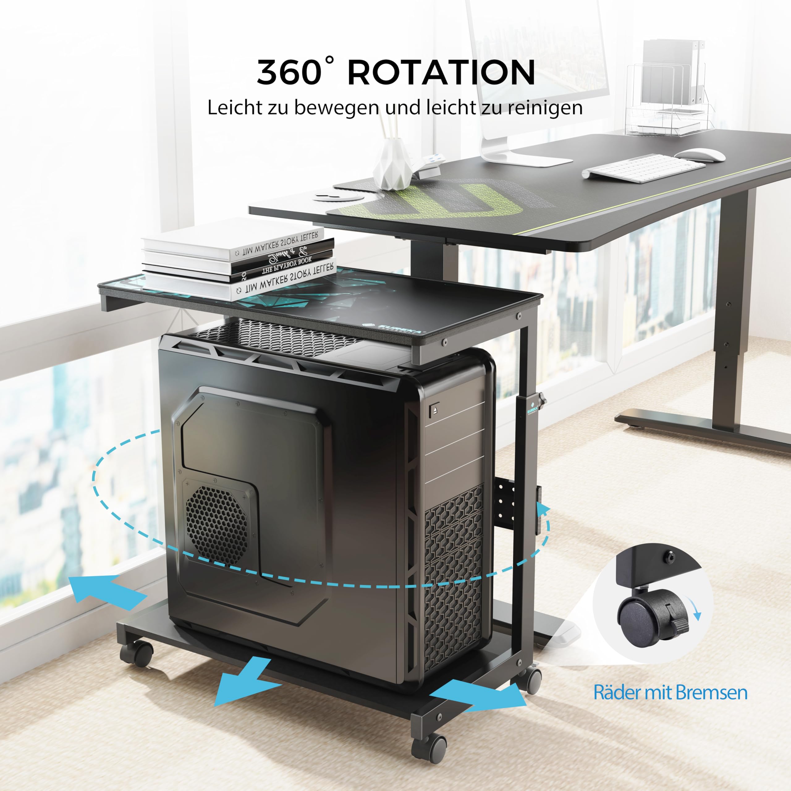 EUREKA ERGONOMIC Höhenverstellbarer Computer Tower Ständer, ATX-Gehäuse CPU Halter PC Ständer, unter Schreibtisch Drucker Cart mit Rollen und Maus Pad, Schwarz