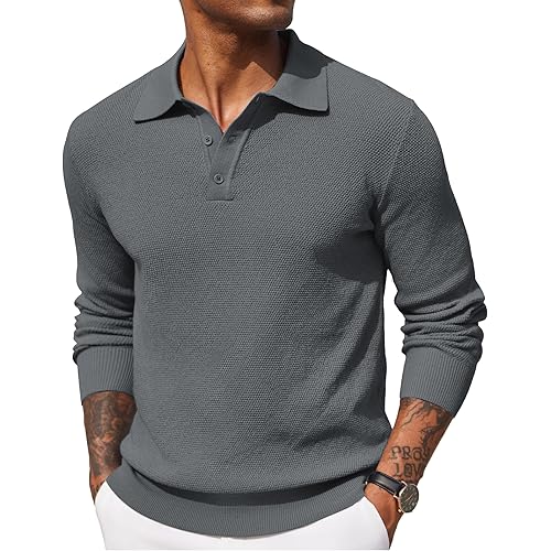 COOFANDY Mens Knit Polo Shirts Long Sleeve Casual Polo Sweaters Shirt Waffle Textured Collared Sweater