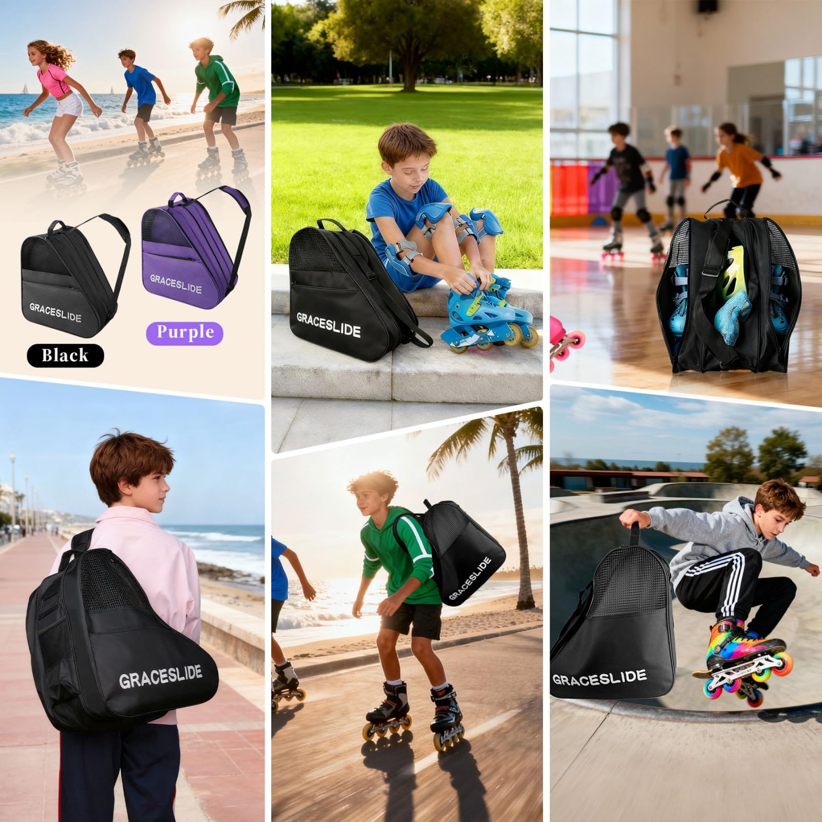Inliner Tasche, Skatertasche, Skischuhtasche mit Verstellbare Riemen, Ice Skate Bag, Rollschuhtasche, Eishockey-Bag, Geeignet für Schlittschuh- und Hockeyzubehör (Schwarz)