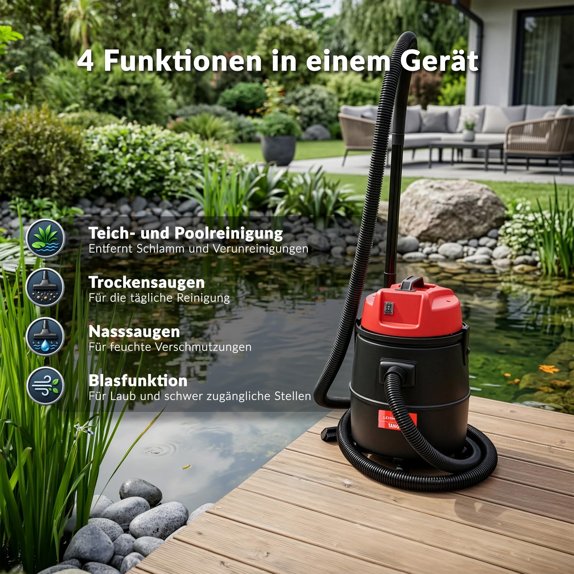 LEHMANN Teichschlammsauger 4-in-1, 1400 W, Teichsauger Schlammsauger mit 30-L-Behälter, Nass- & Trockensauger mit Gebläsefunktion, Effektive Teich- und Poolreinigung, Poolsauger mit Zubehör