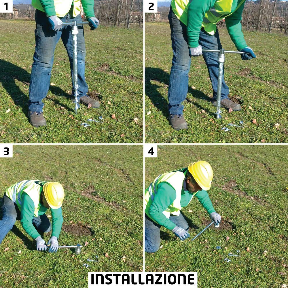 T-BLOCK - Kit professionale di 4 viti di ancoraggio a terra ecologici lunghezza 75 cm Ø 35-17 testa esagonale da 46 mm con punto fisso M12.