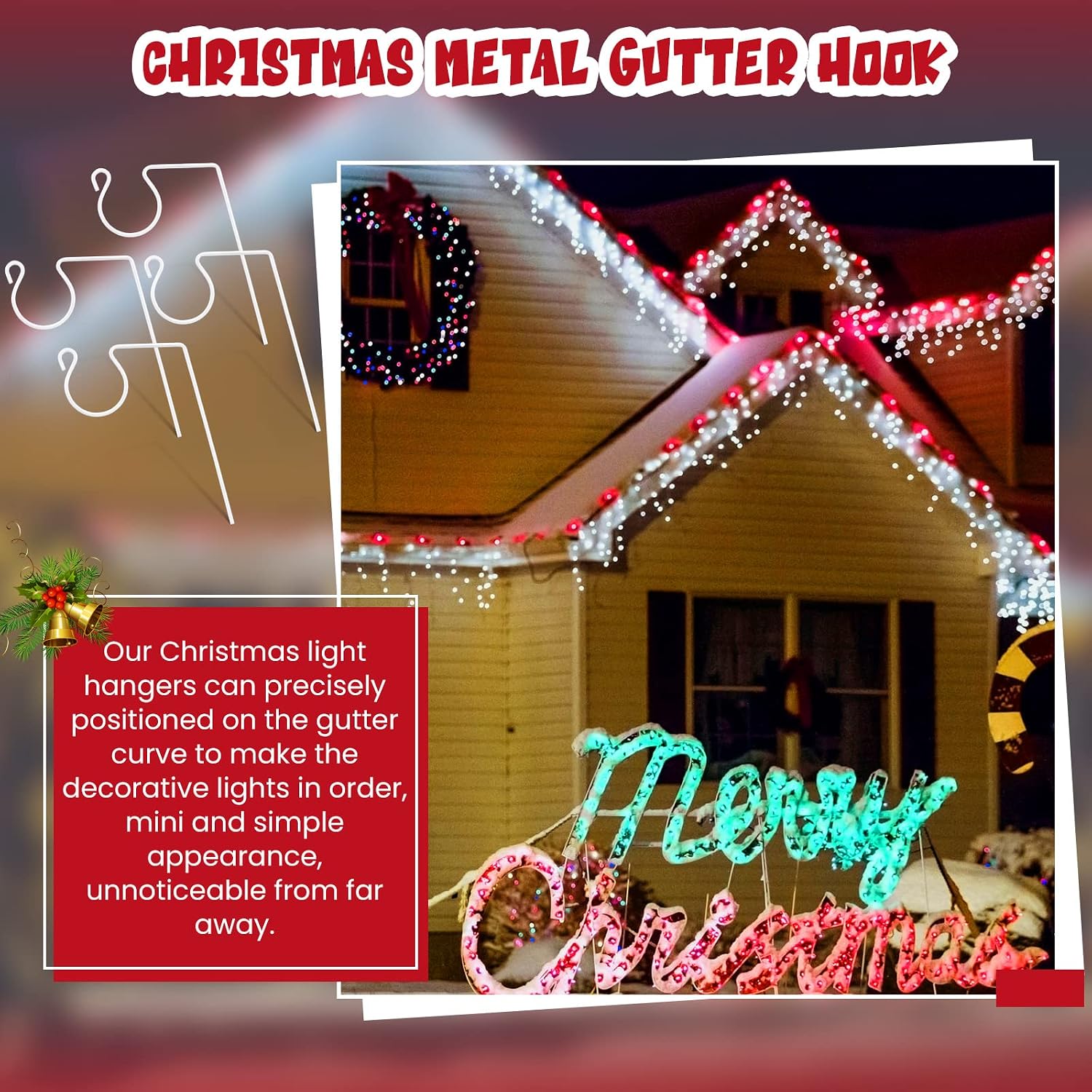 Ferraycle Metal Christmas Light Gutter Hooks Christmas Light Hanger Hooks for Gutters Stainless Steel Xmas Outdoor Clips for Kitchen Bathroom Work Shop Garden(White,100 Pieces)