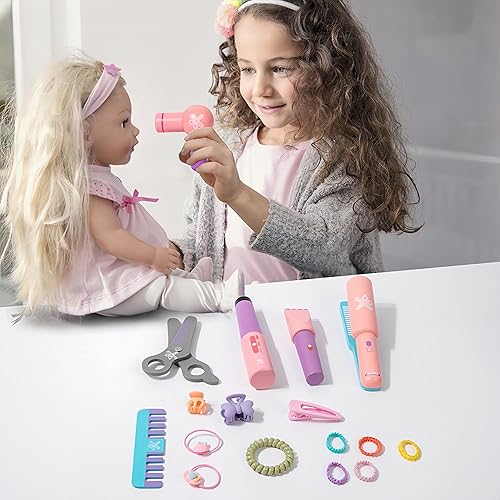 Miniatura 4 de Mailuren Juego de juguetes de maquillaje de madera, kit de maquillaje de simulación para niñas, juguetes de salón de belleza de madera con secador