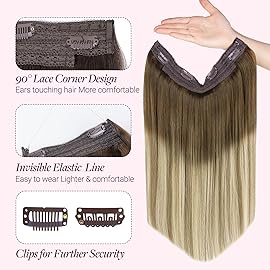 GOO GOO Wire Hair Extensions Human Hair, 3/8/613 Walnut Brown with Ash Brown and Bleach Blonde Balayage 12inch 70g, Invisible Wire Hair Extensions with Transparent, Seamless Fish Line Hairpiece