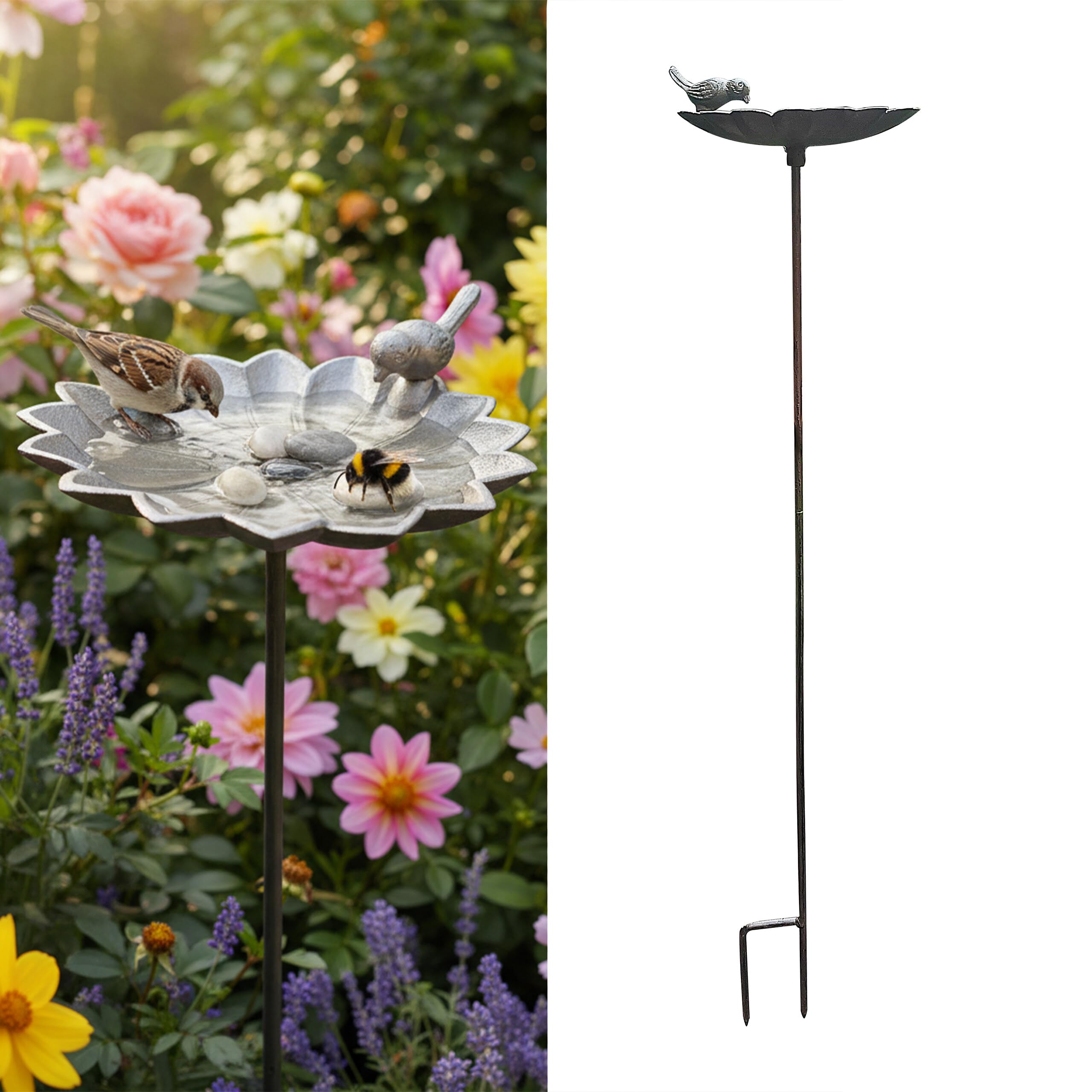 Abbeveratoio per Uccelli Relaxdays, 93x19,5x17 cm, ghisa, da piantare, Ciotola Acqua/Cibo, a Forma di Fiore, Marrone