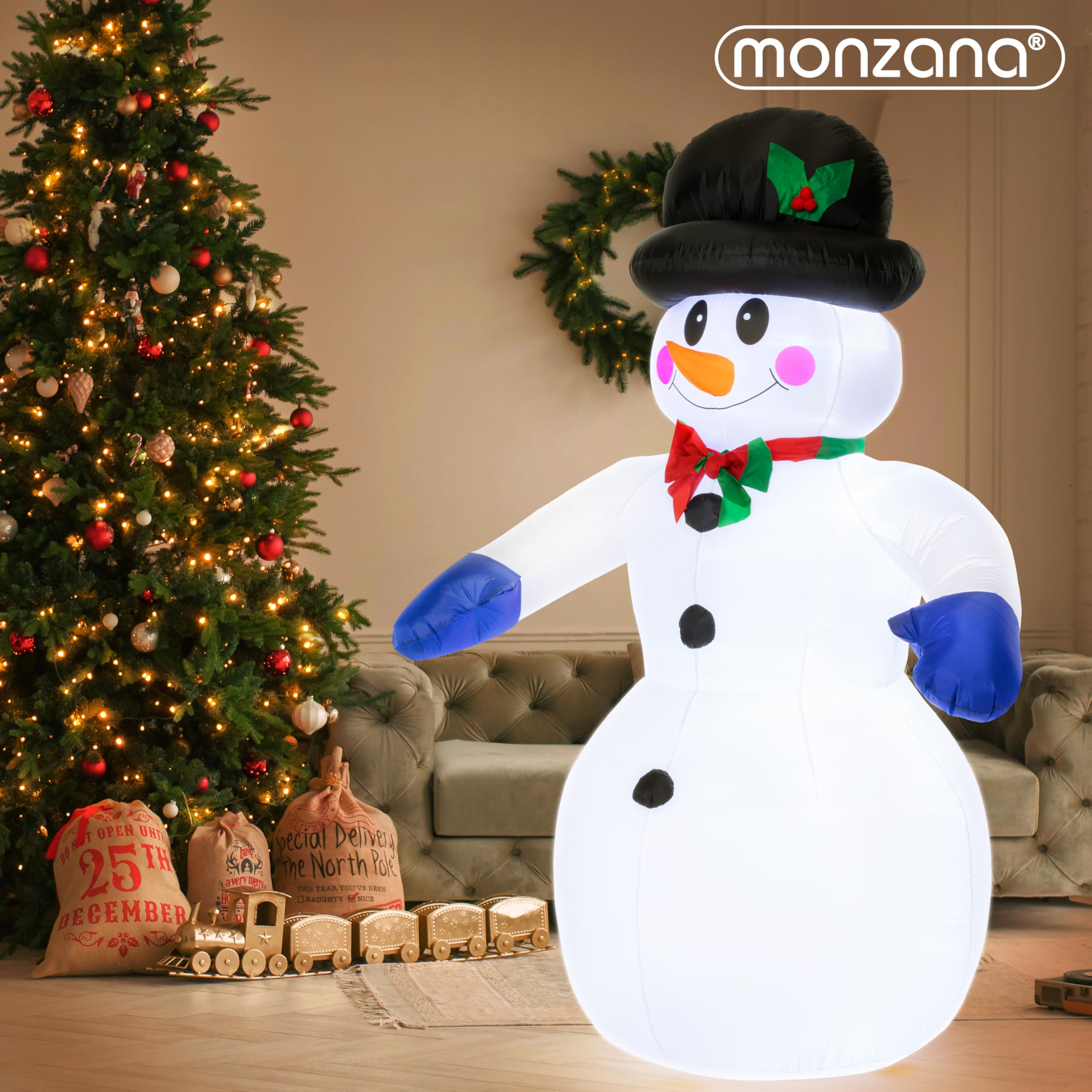 MONZANA® Aufblasbarer Schneemann XXL 240cm LED Beleuchtet Befestigungsmaterial IP44 Außen Witterungsbeständig Weihnachtsdeko Weihnachtsfigur Christmas
