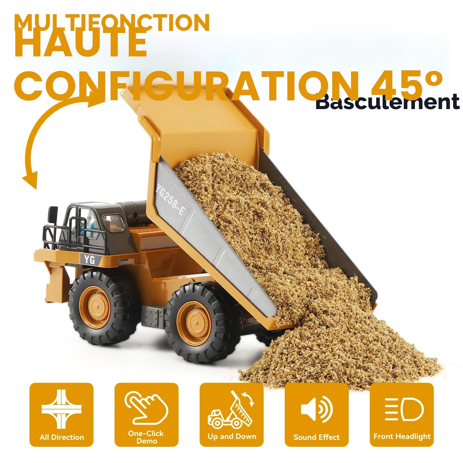 KIZJORYA Camion-Benne Télécommandé, Véhicule de Construction RC pour Enfants, 9 Canaux, Son Lumière, Batterie Rechargeable, Jouet Électrique pour Garçons Filles de 3 Ans et Plus