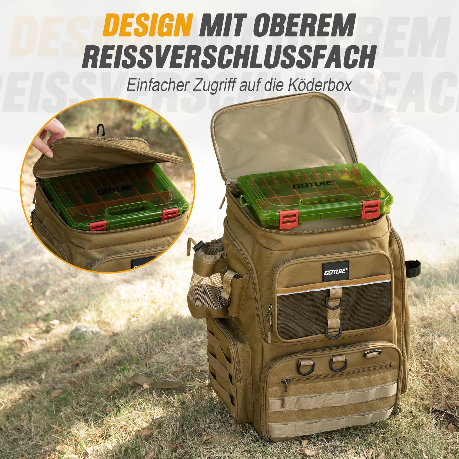 Goture Angelrucksack mit 4 Köderbox Angeln, 55-Liter Angelzubehör-Rucksack mit Zwei Rutenhaltern und Regenschutz, 900D Oxford-Gewebe Wasserabweisende Angelgerätetasche mit verstellbarem Fach