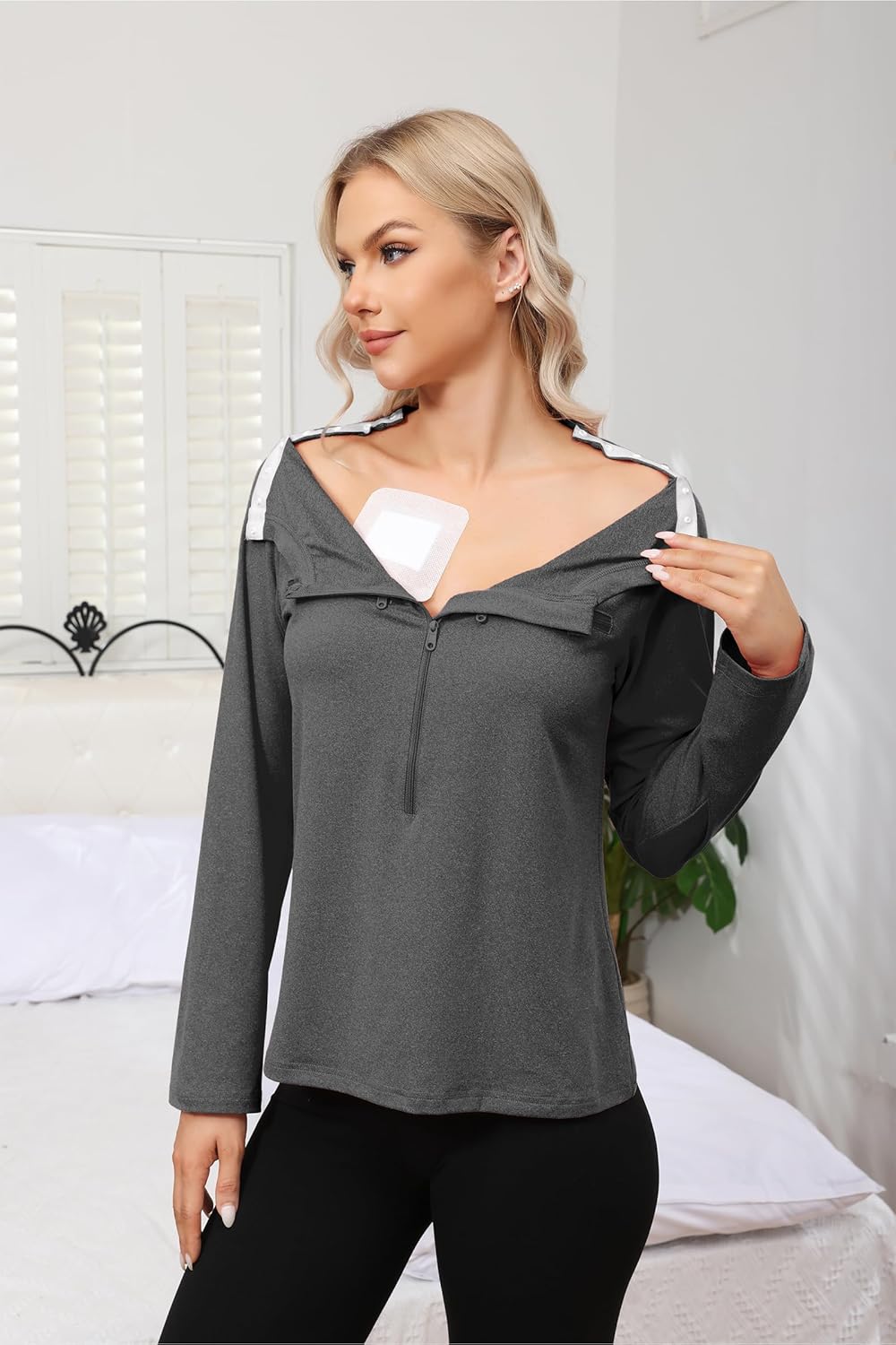 Women Chemo Shirts for Port Access 2-Side Snap Shoulder Surgery & Dialysis Recovery Shirts, Lightweight & Breathable - Image 2